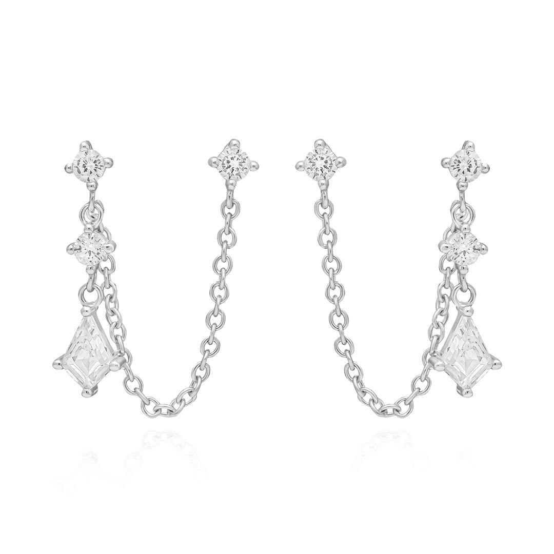 PaizSilver Karo Taşlı Zincirli Küpe