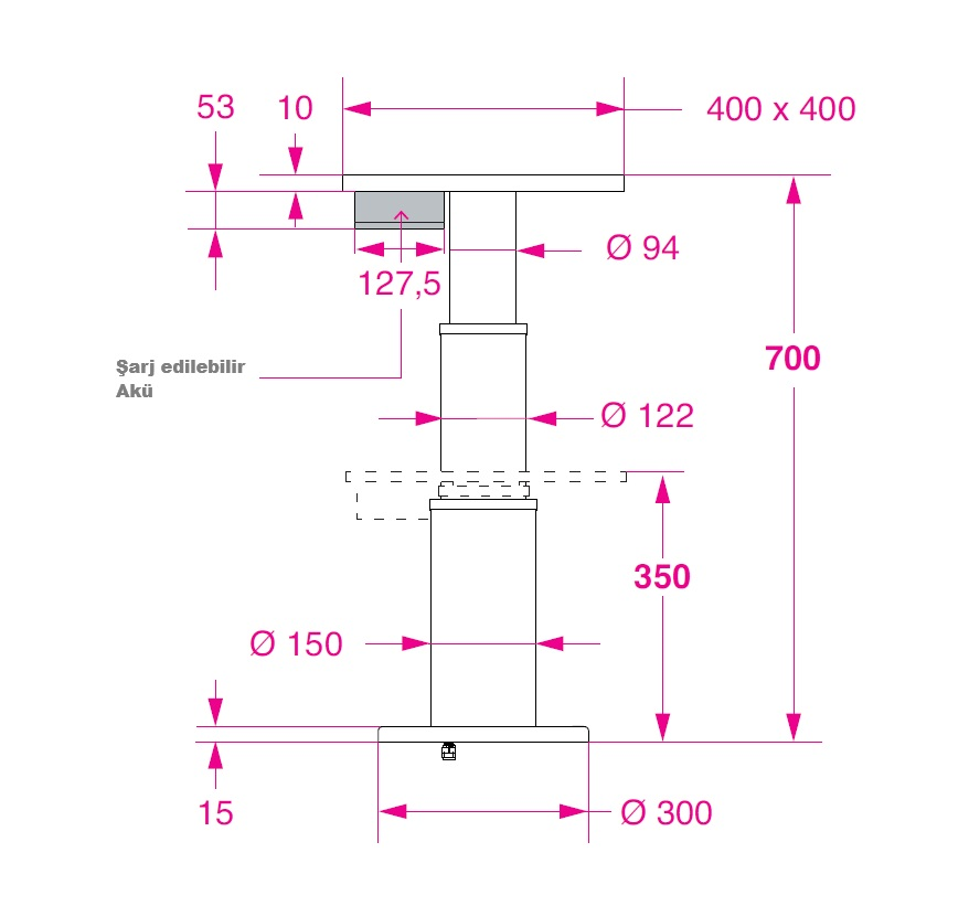 BARKA AKÜLÜ MASA AYAĞI, İKİ KADEME - 700MM