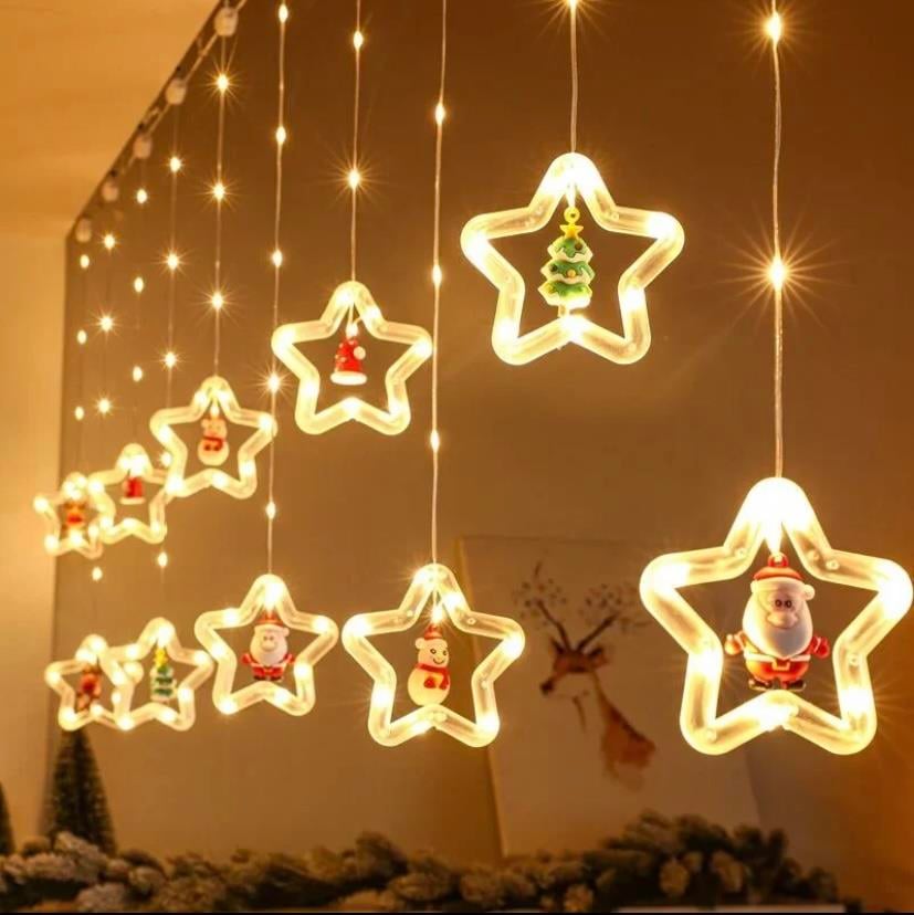 Animasyonlu Noel Baba ve Çam Yıldız Set Led Yılbaşı Perde Süsü 60-90 Cm 3 Metre Noel Baba ve Çam Yıldız Yılbaşı Süsü
