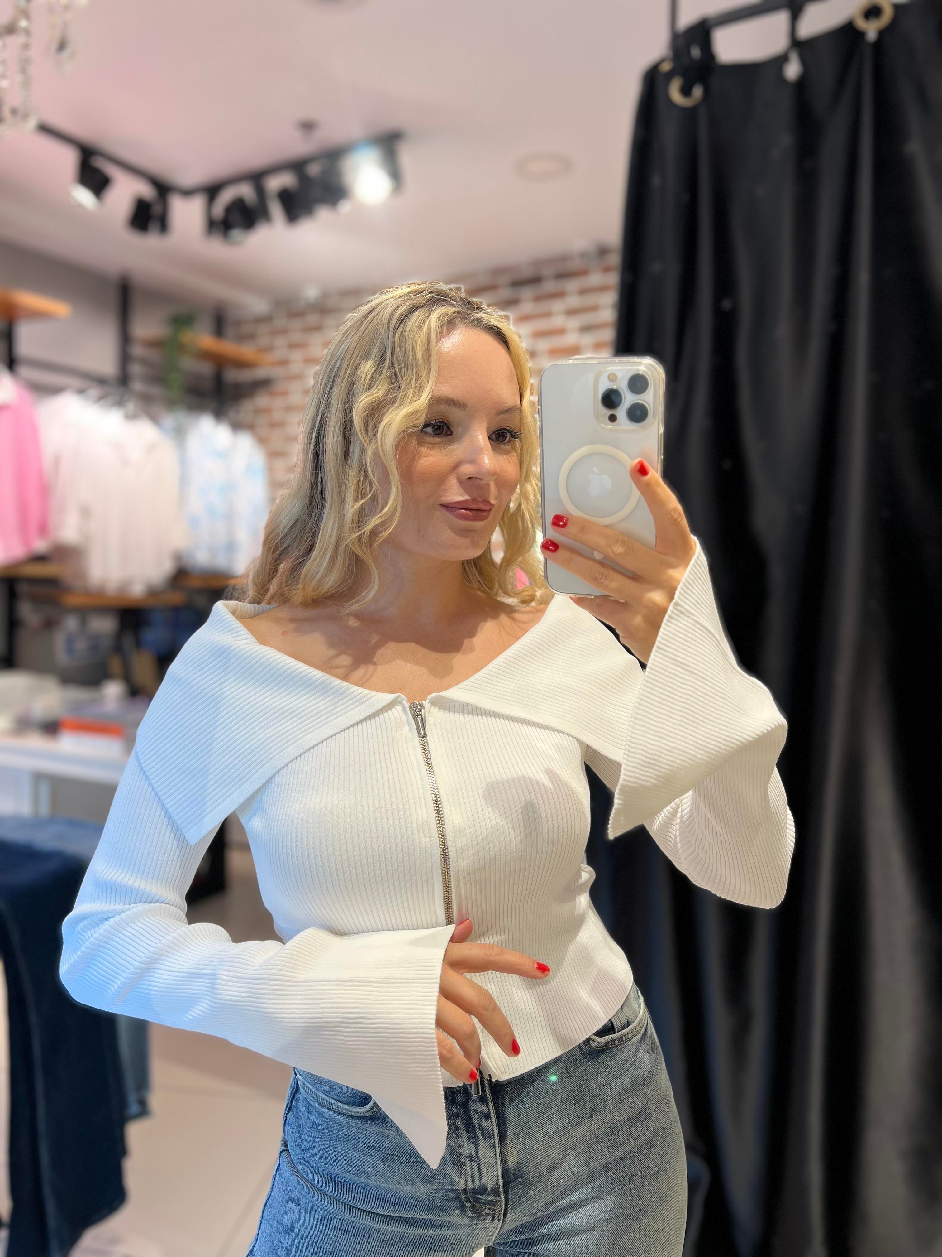 Bardot Yaka Ekru Fermuarlı Triko Hırka
