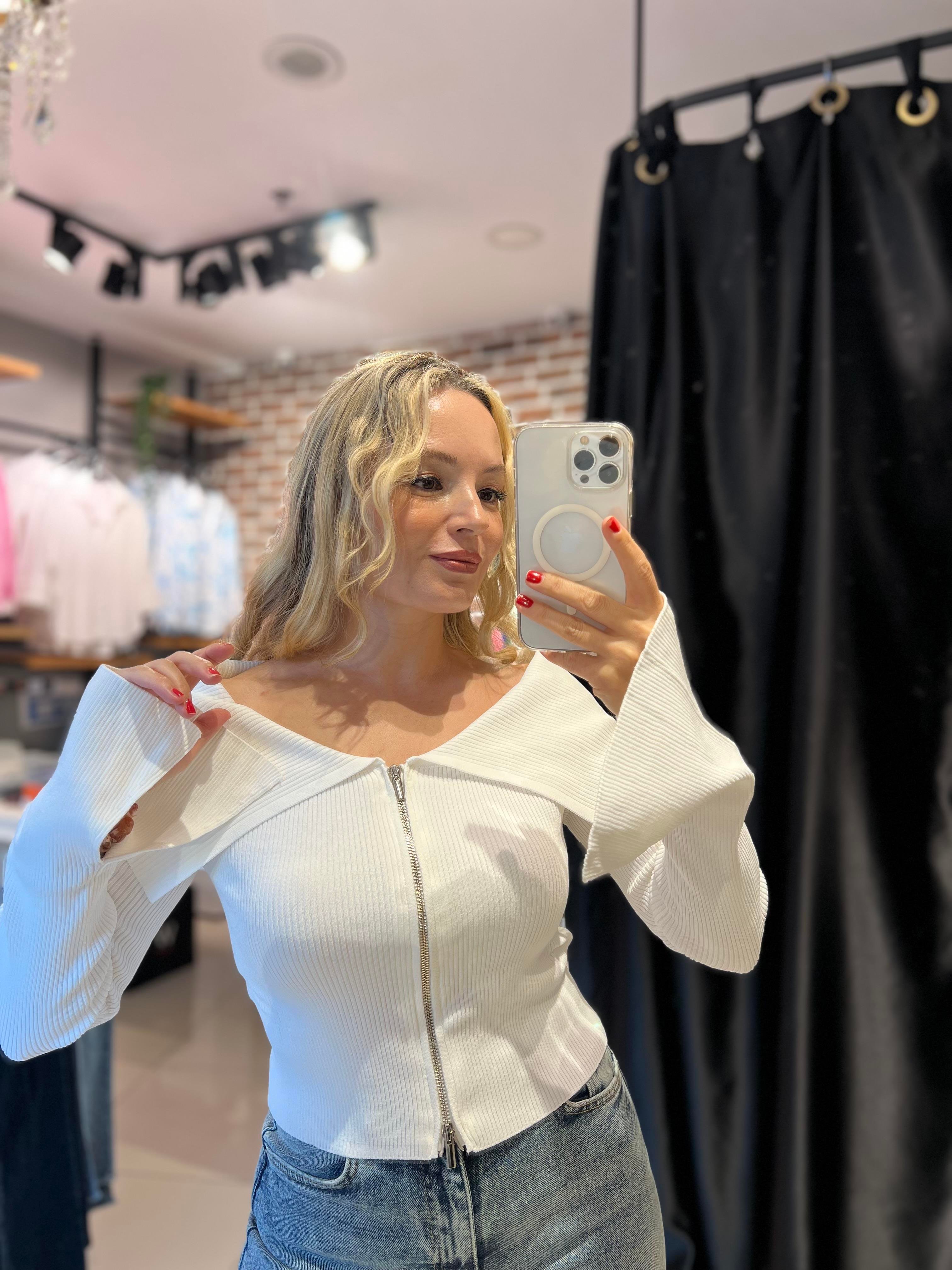 Bardot Yaka Ekru Fermuarlı Triko Hırka