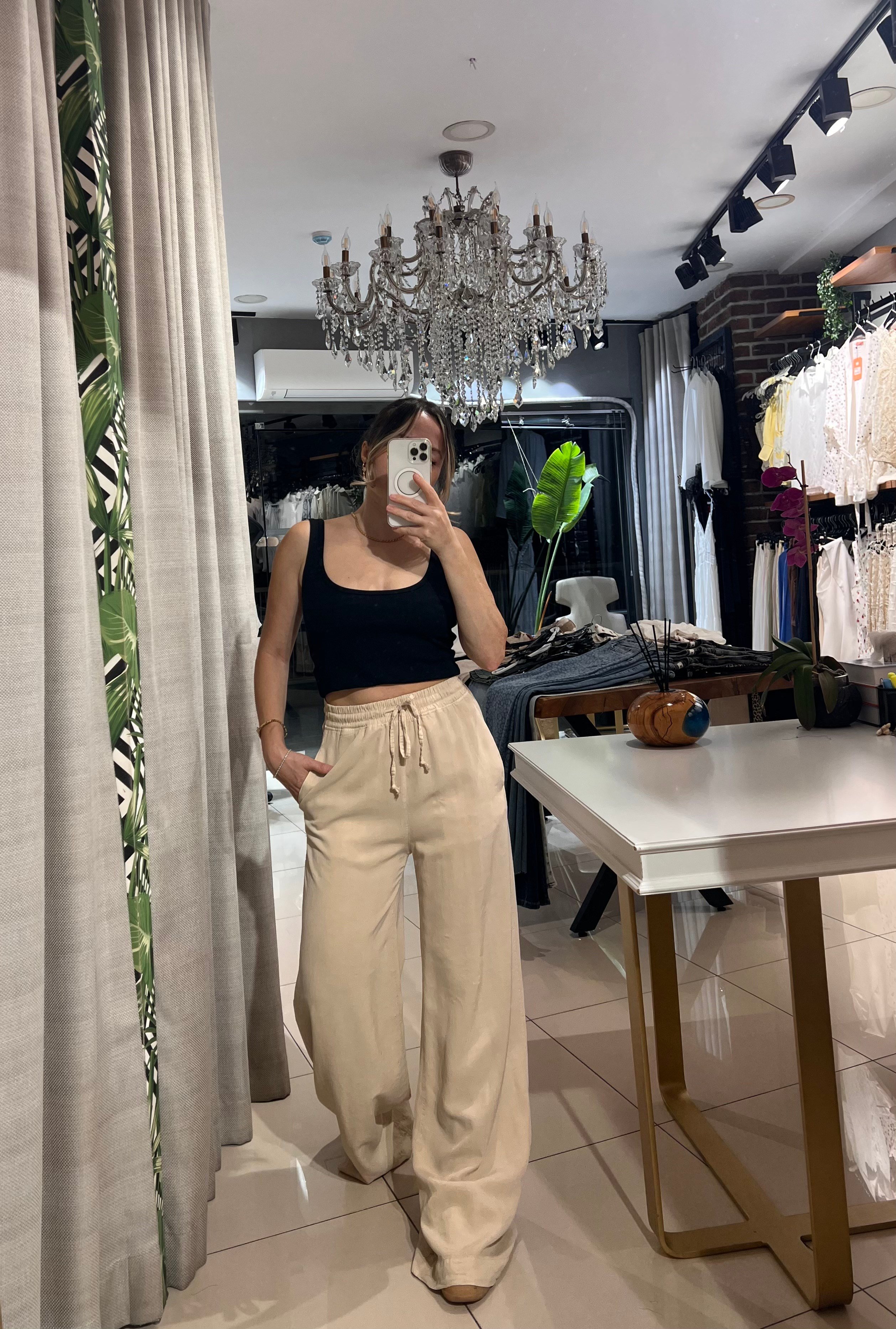 Beli Lastikli Taş Rengi Bol Paça Pantolon