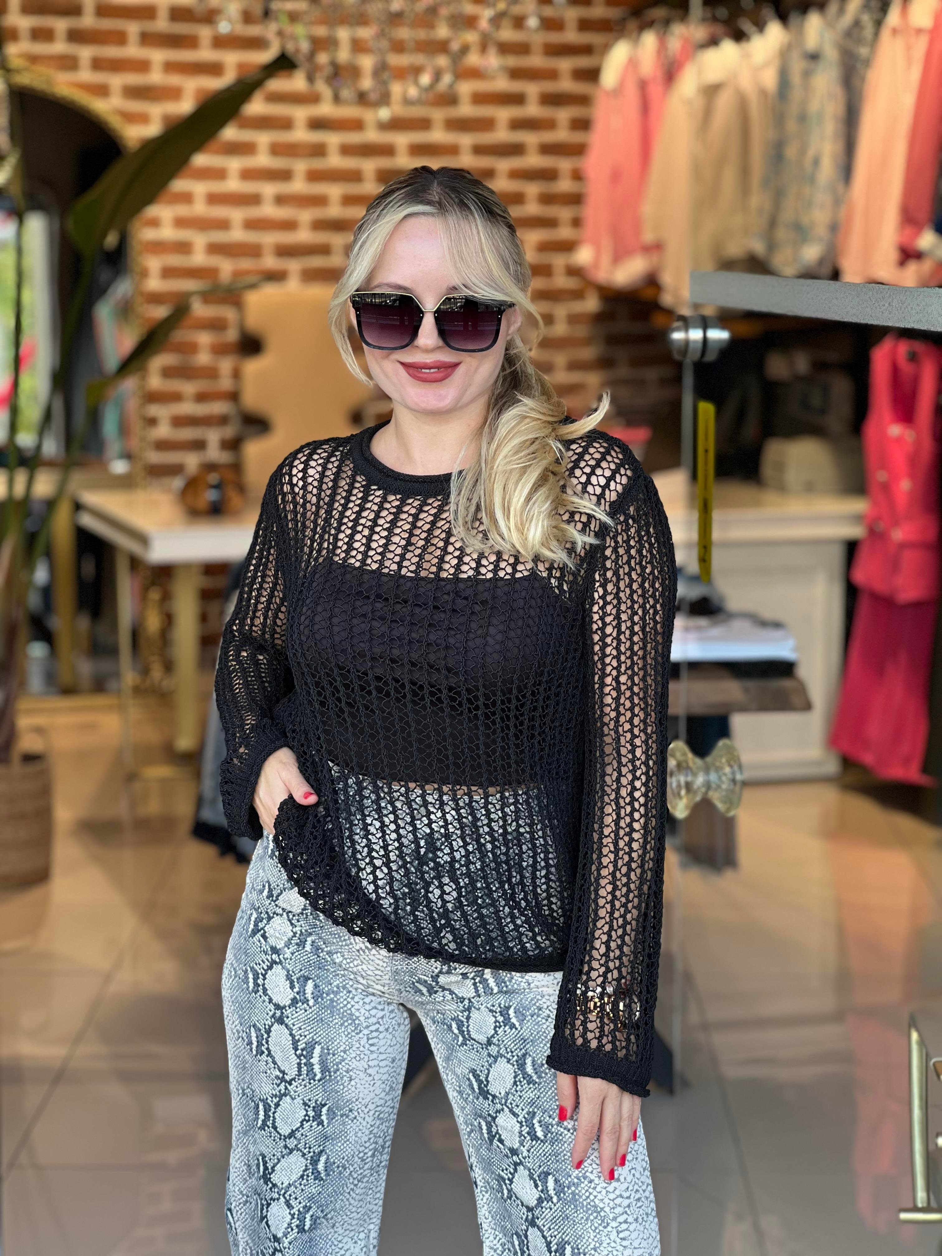 Bisiklet Yaka Ajur Desen Siyah Triko Bluz