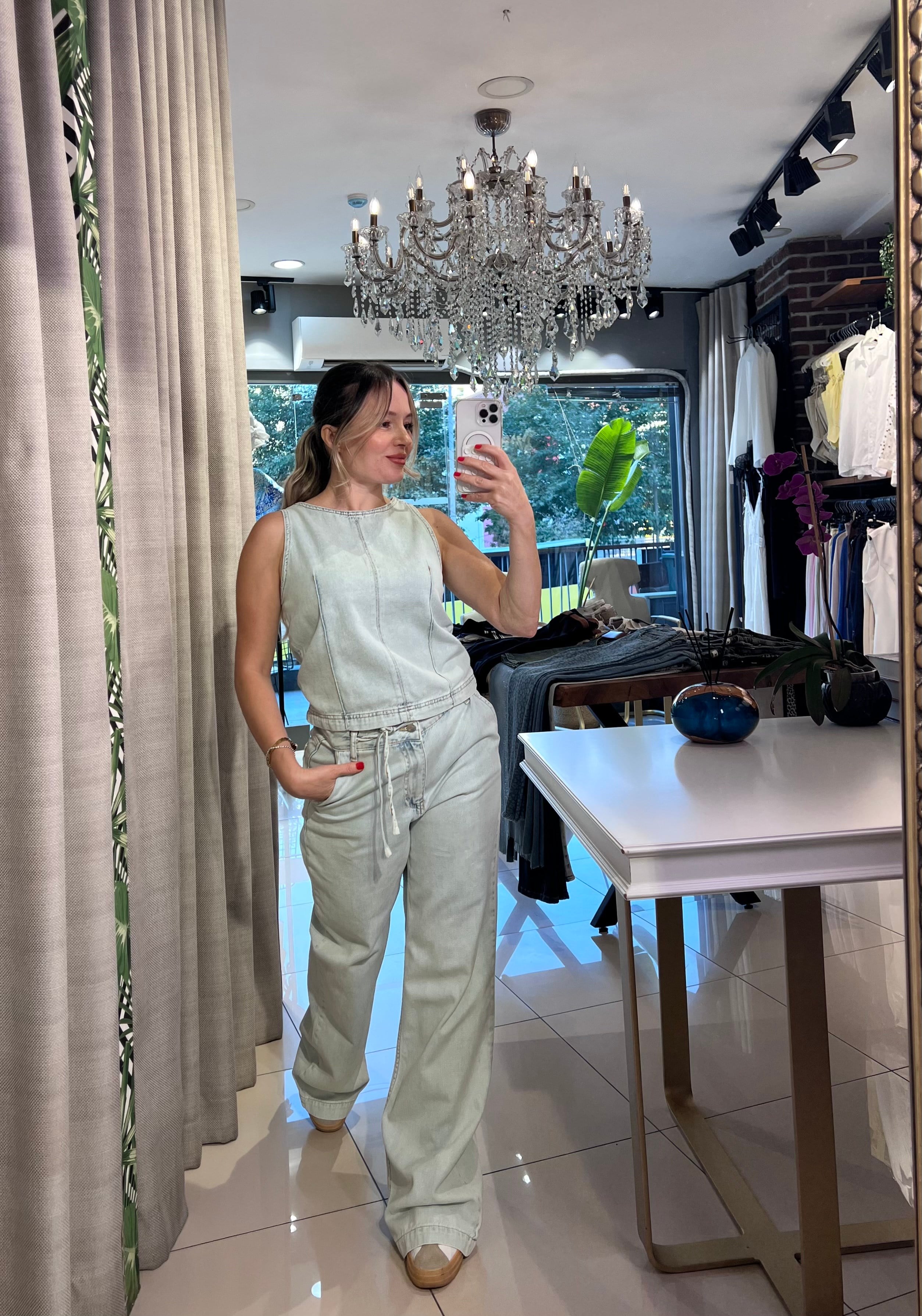 Buz Mavisi Denim Bluz Pantolon Takım