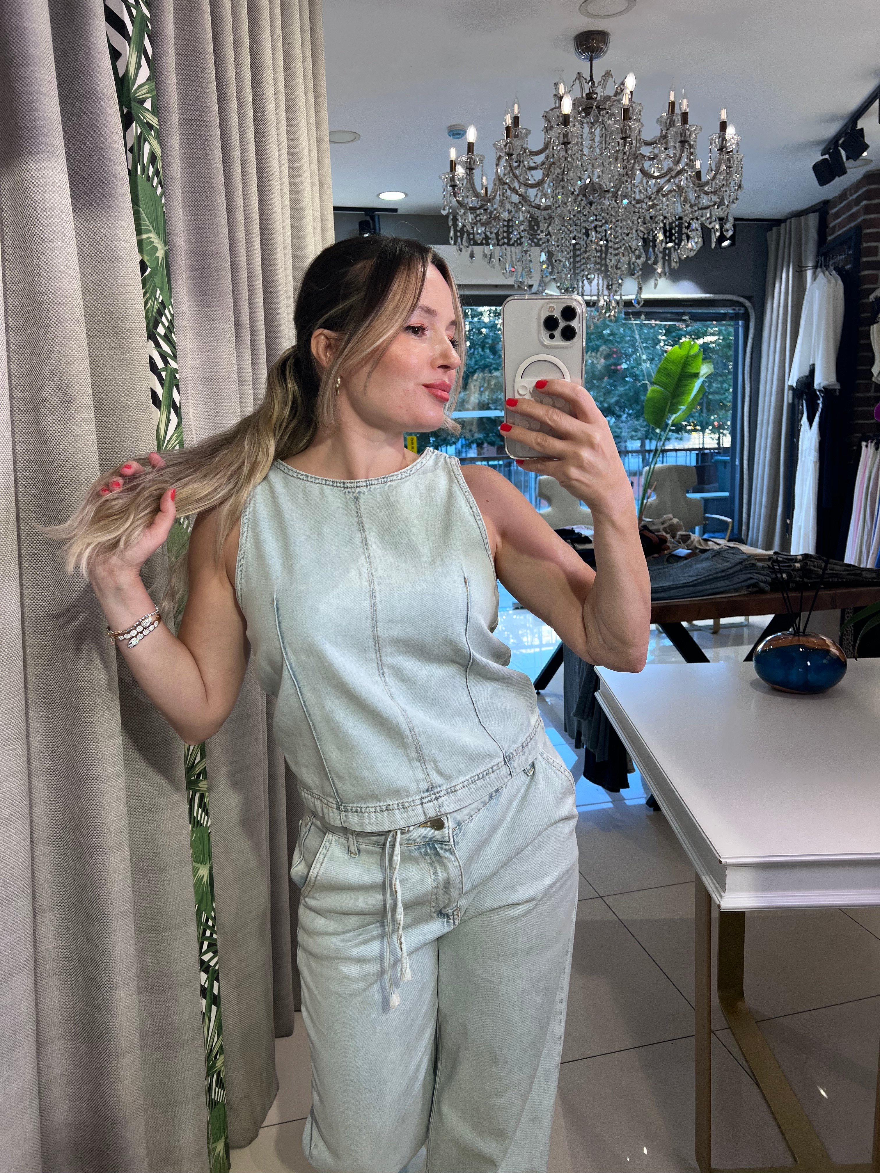 Buz Mavisi Denim Bluz Pantolon Takım