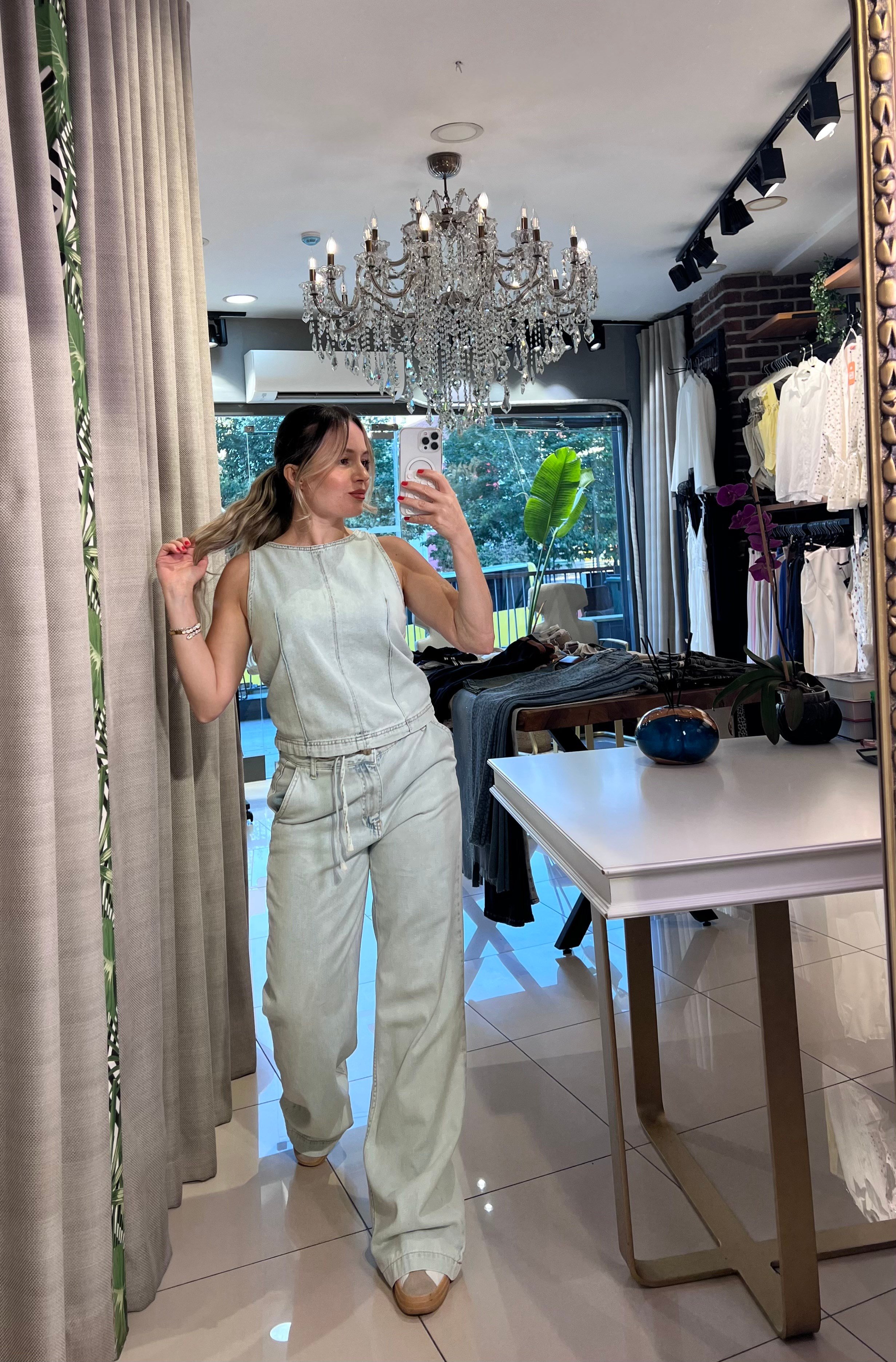 Buz Mavisi Denim Bluz Pantolon Takım