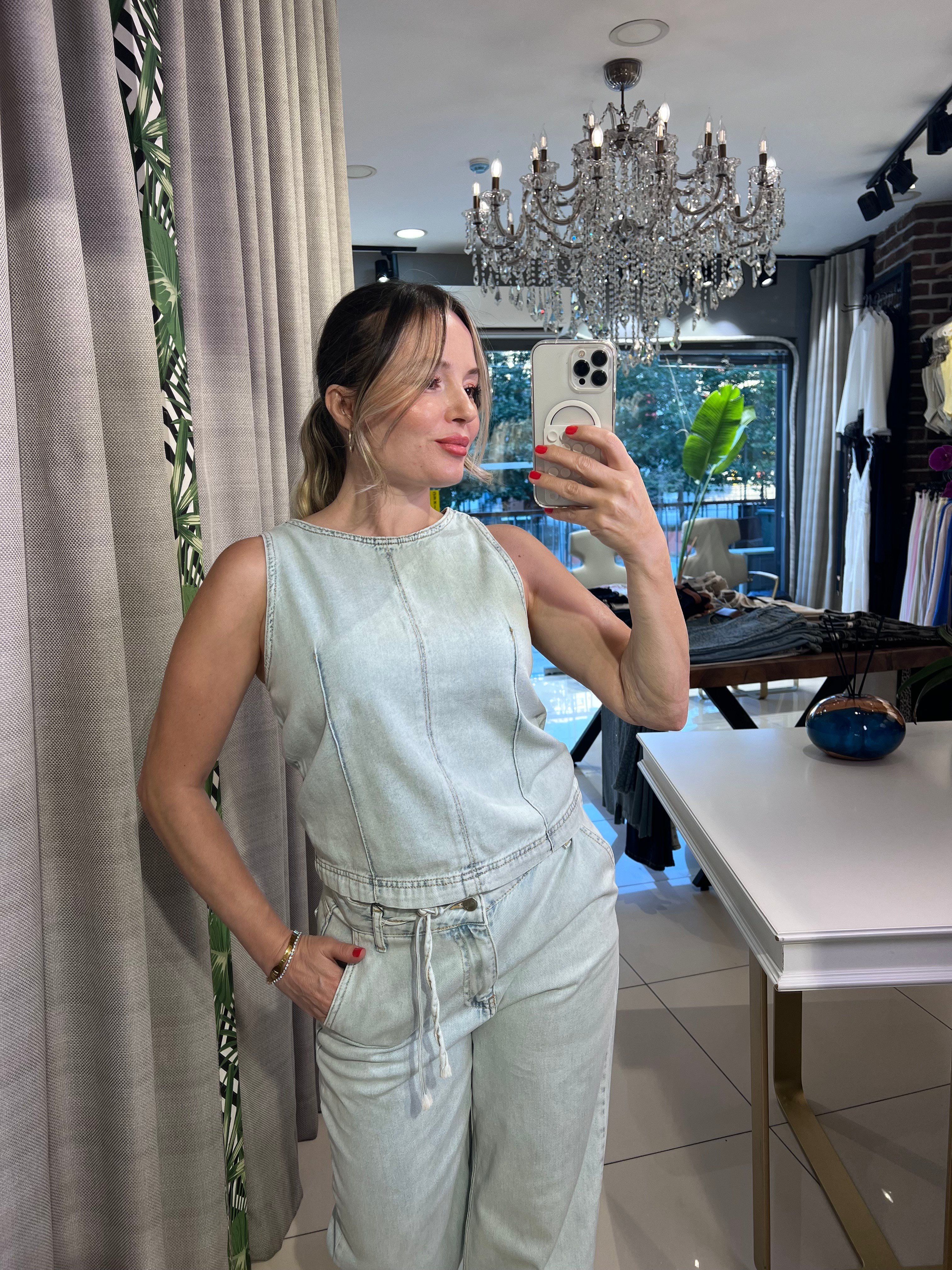 Buz Mavisi Denim Bluz Pantolon Takım