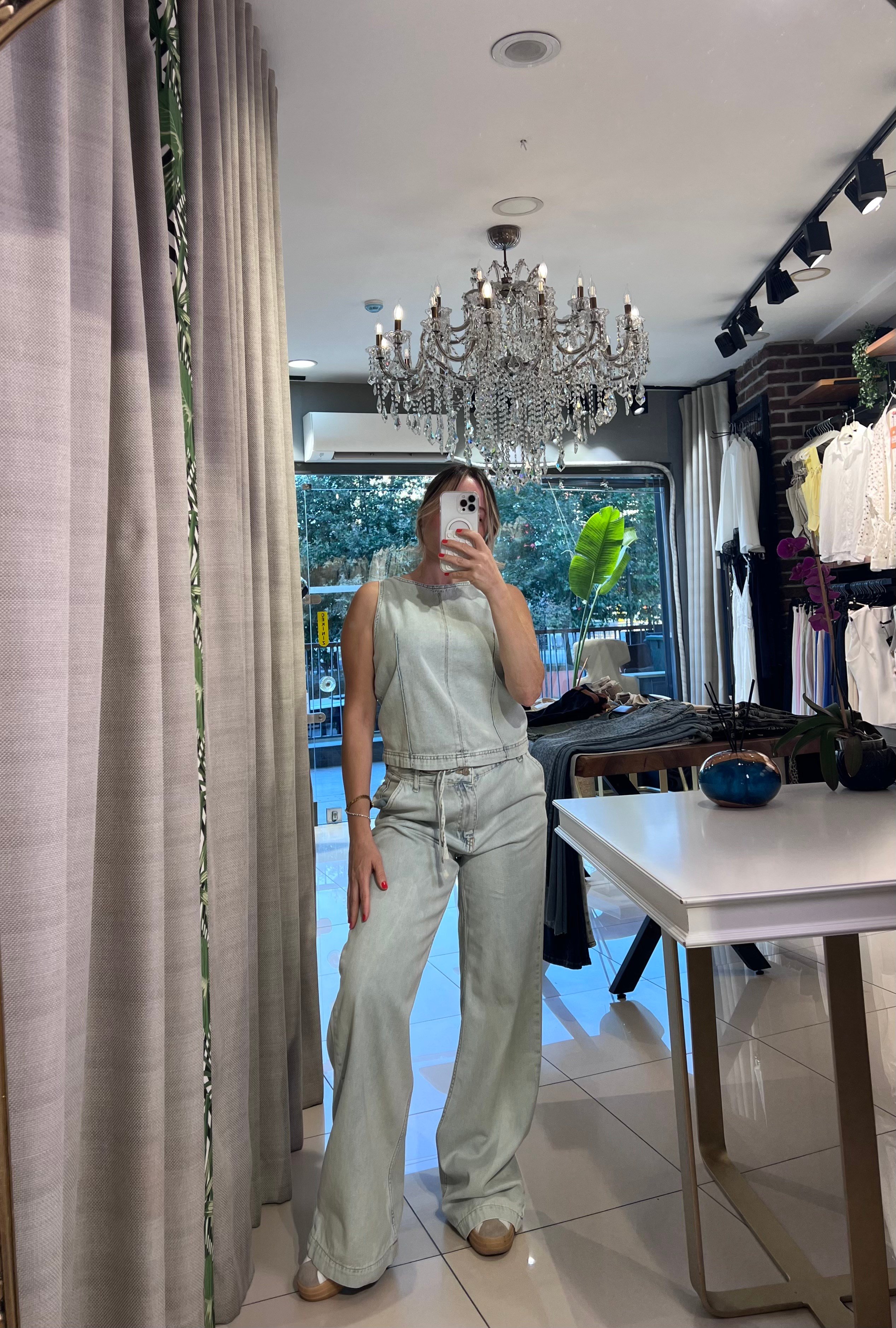Buz Mavisi Denim Bluz Pantolon Takım