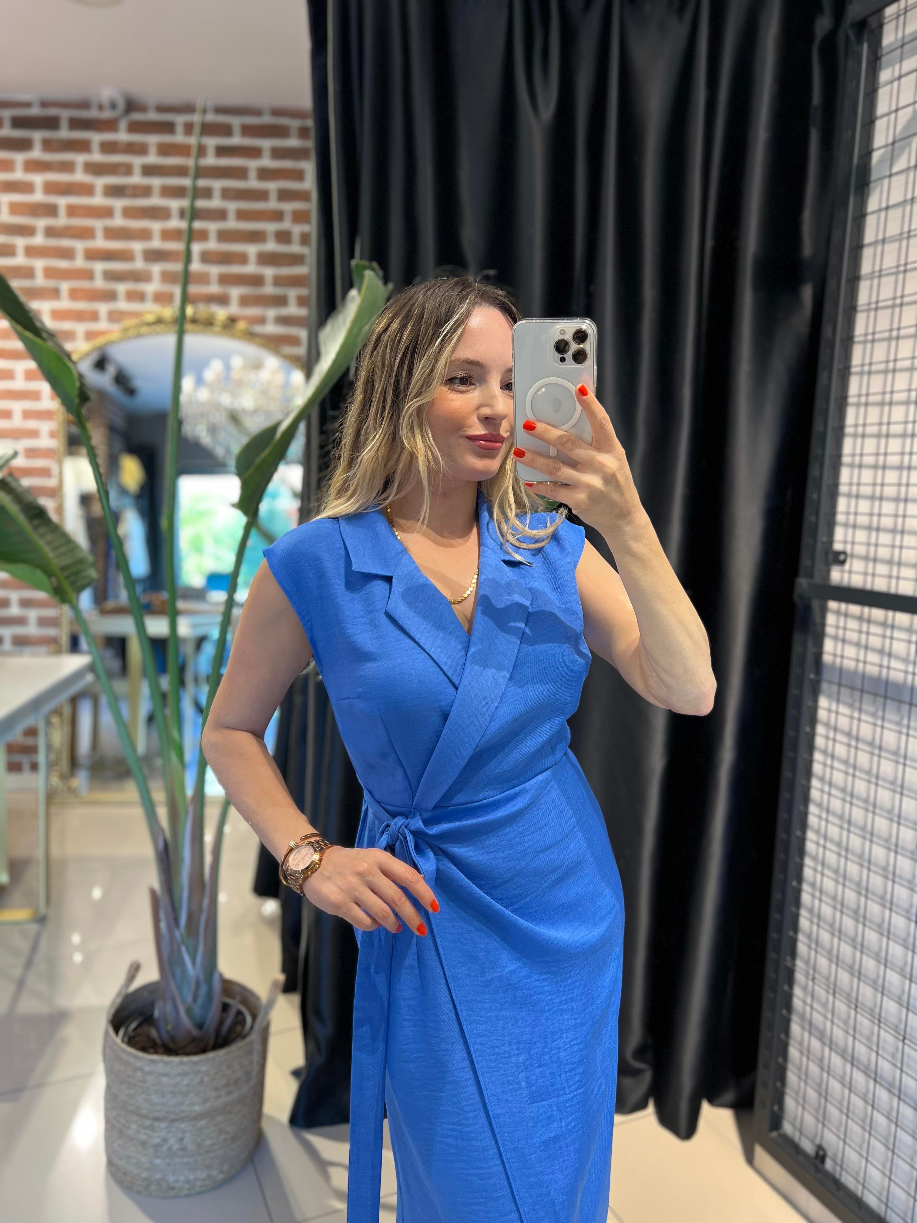 Ceket Yaka Anvelop İndigo Elbise