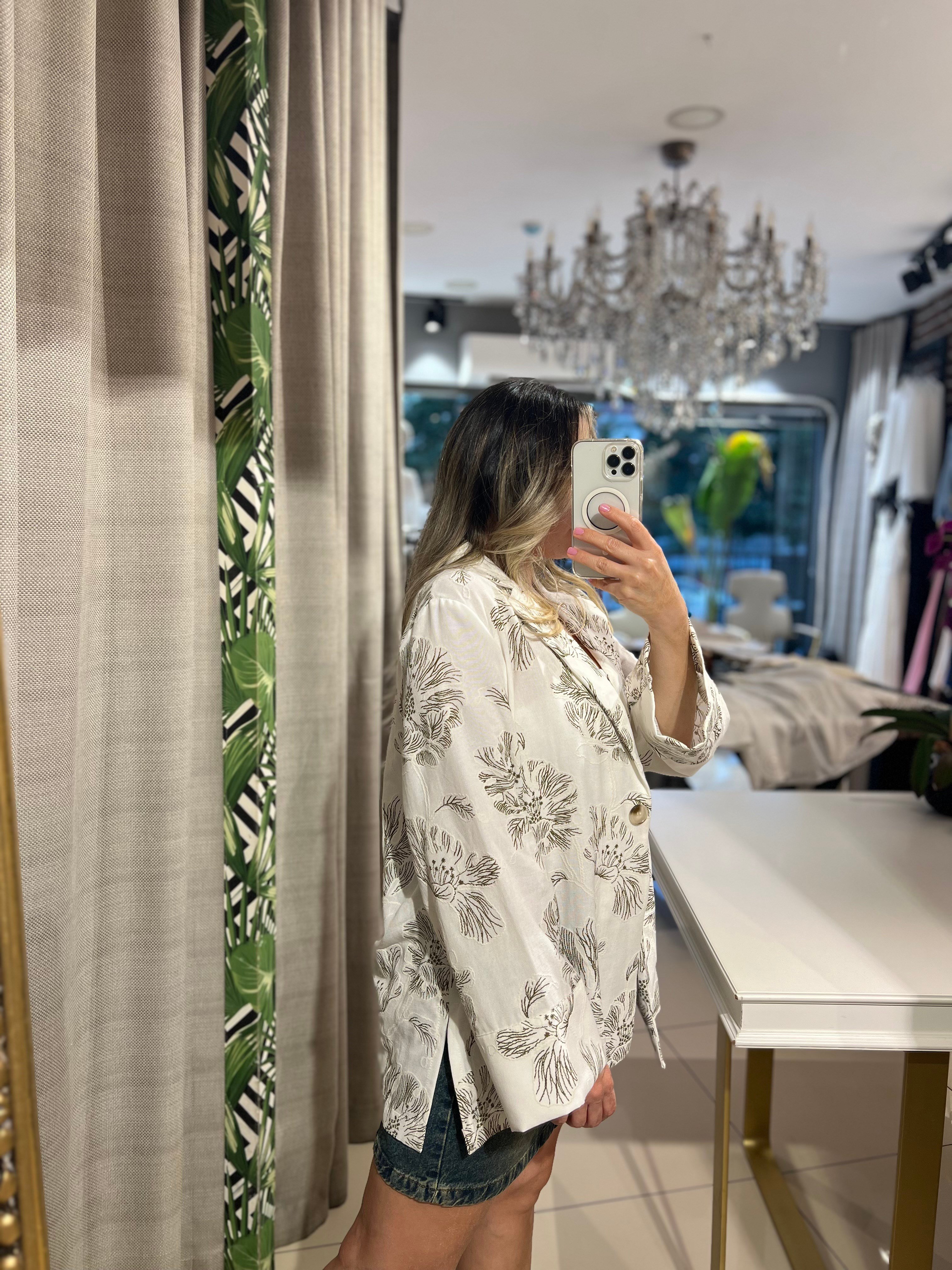 Çiçek Nakışlı Keten Blazer Ceket