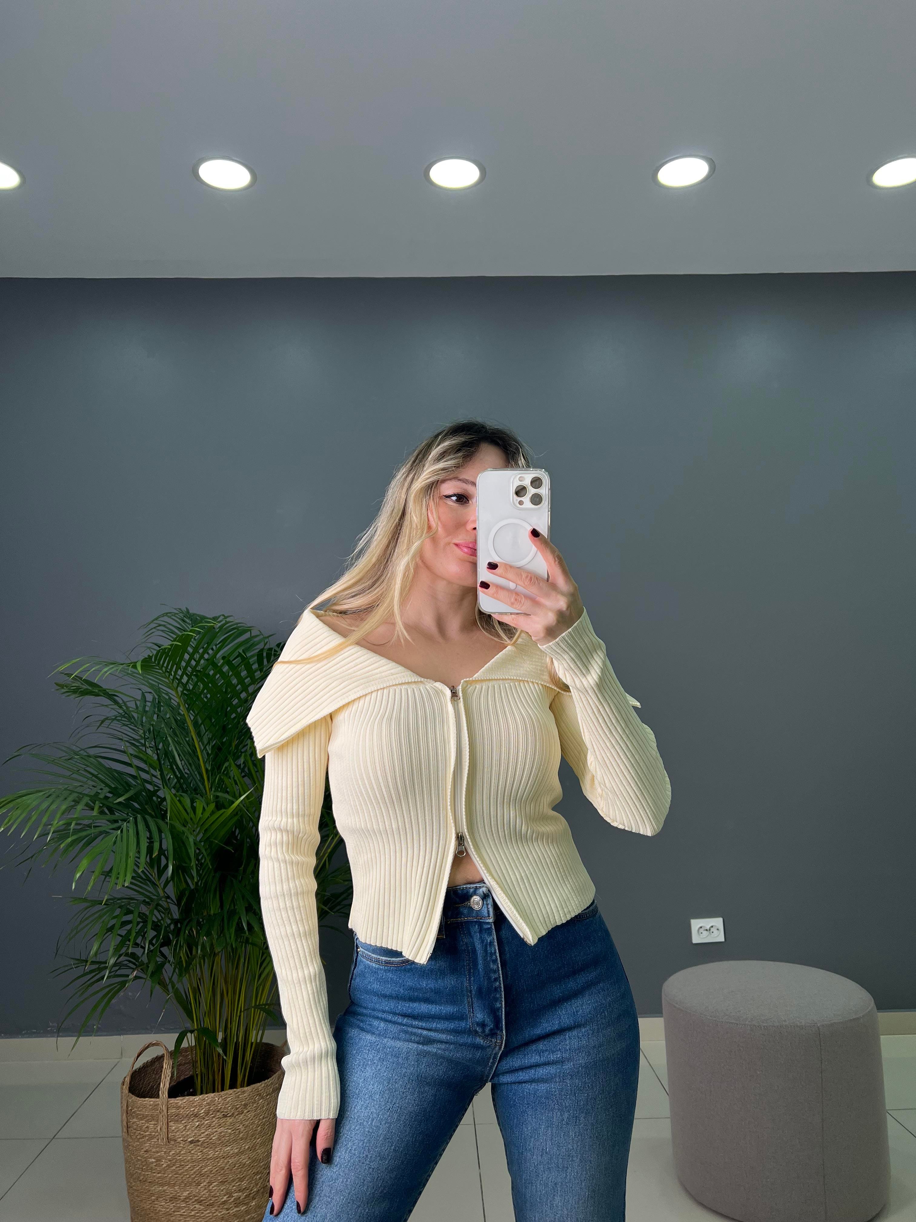 Çift Fermuarlı Fitilli Crop Hırka
