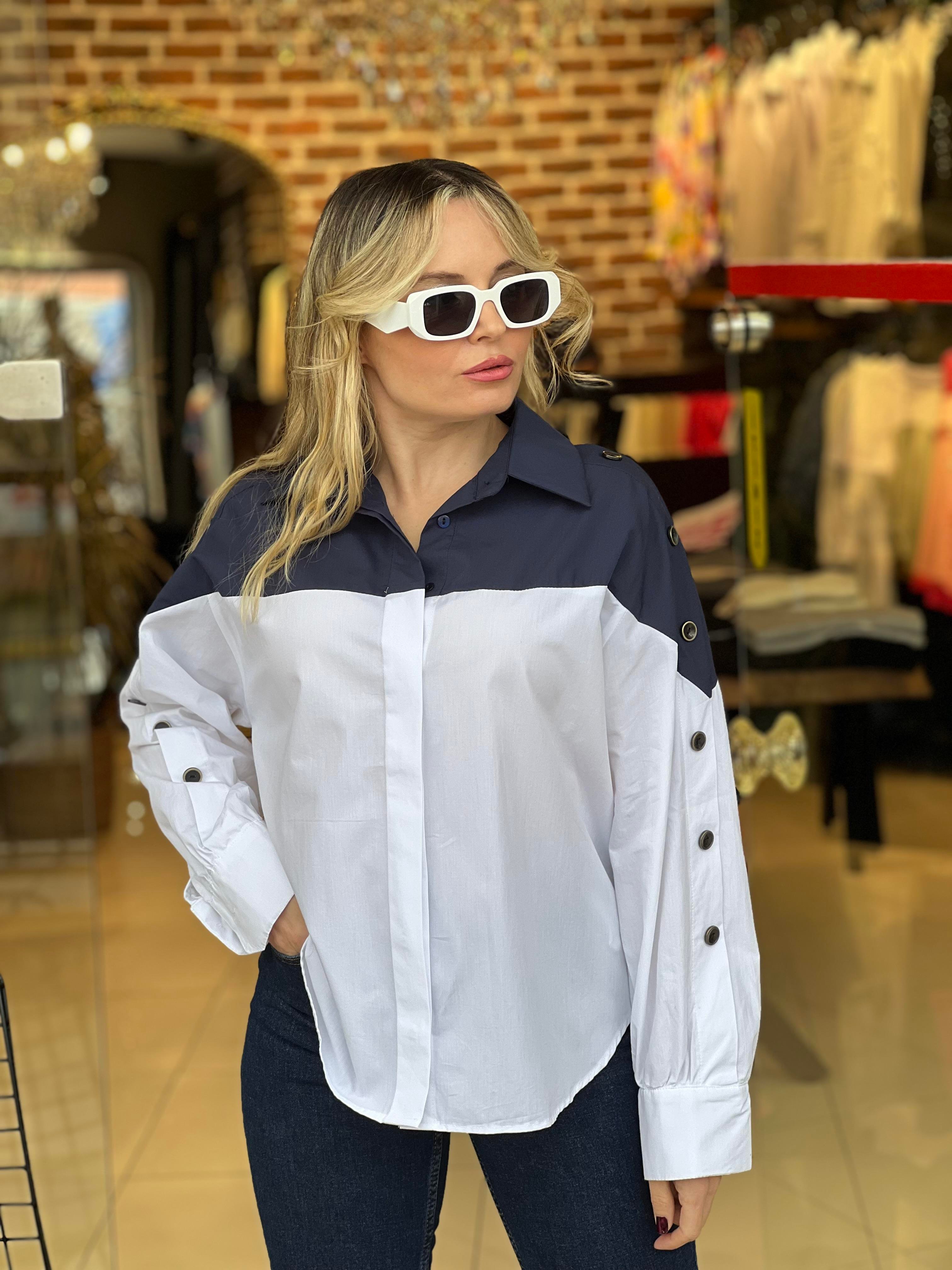 Çift Renkli Kol Kısım Düğme Detaylı Poplin Gömlek