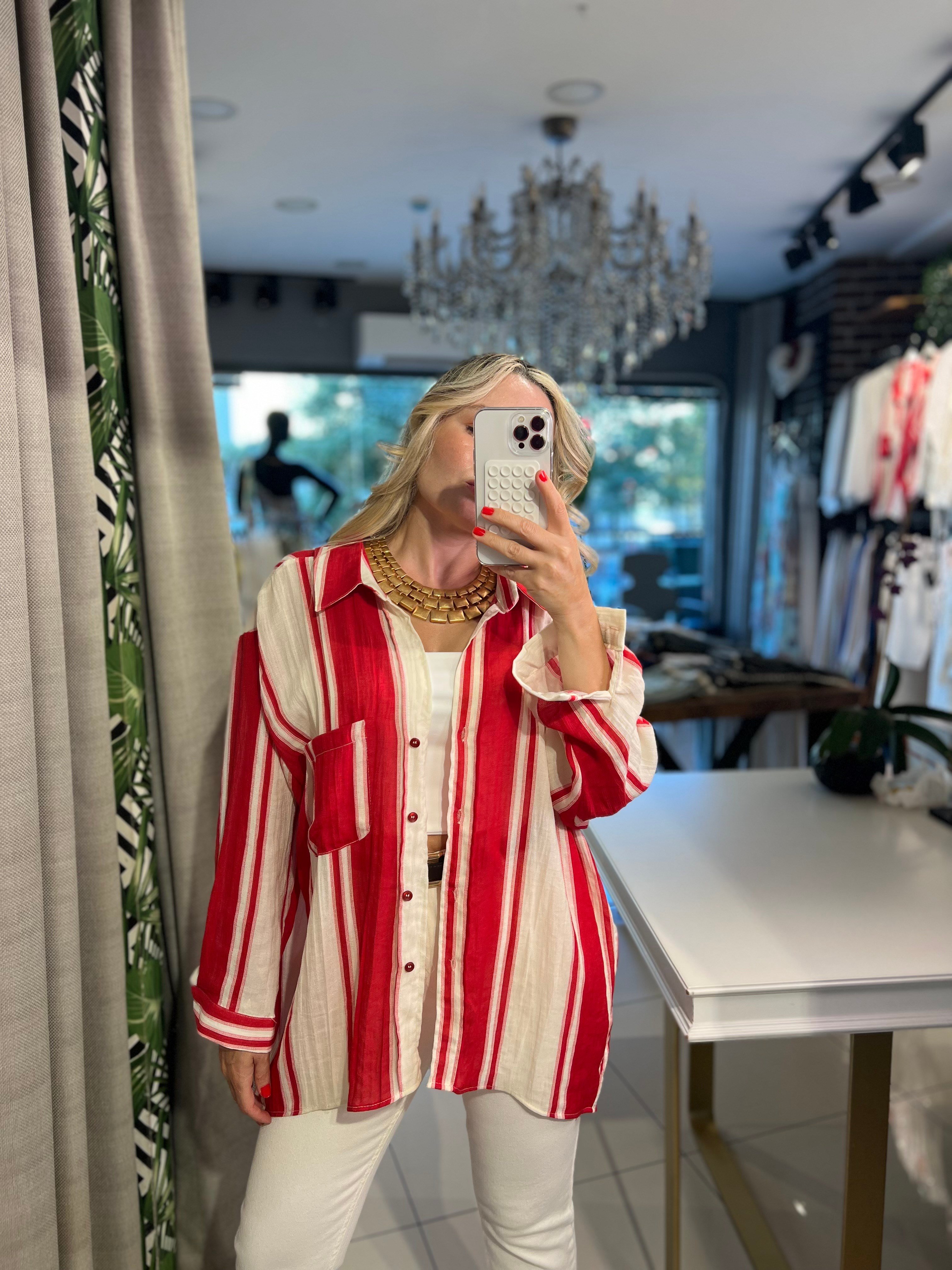 Çizgili Cep Detaylı  Oversize Kırmızı Gömlek