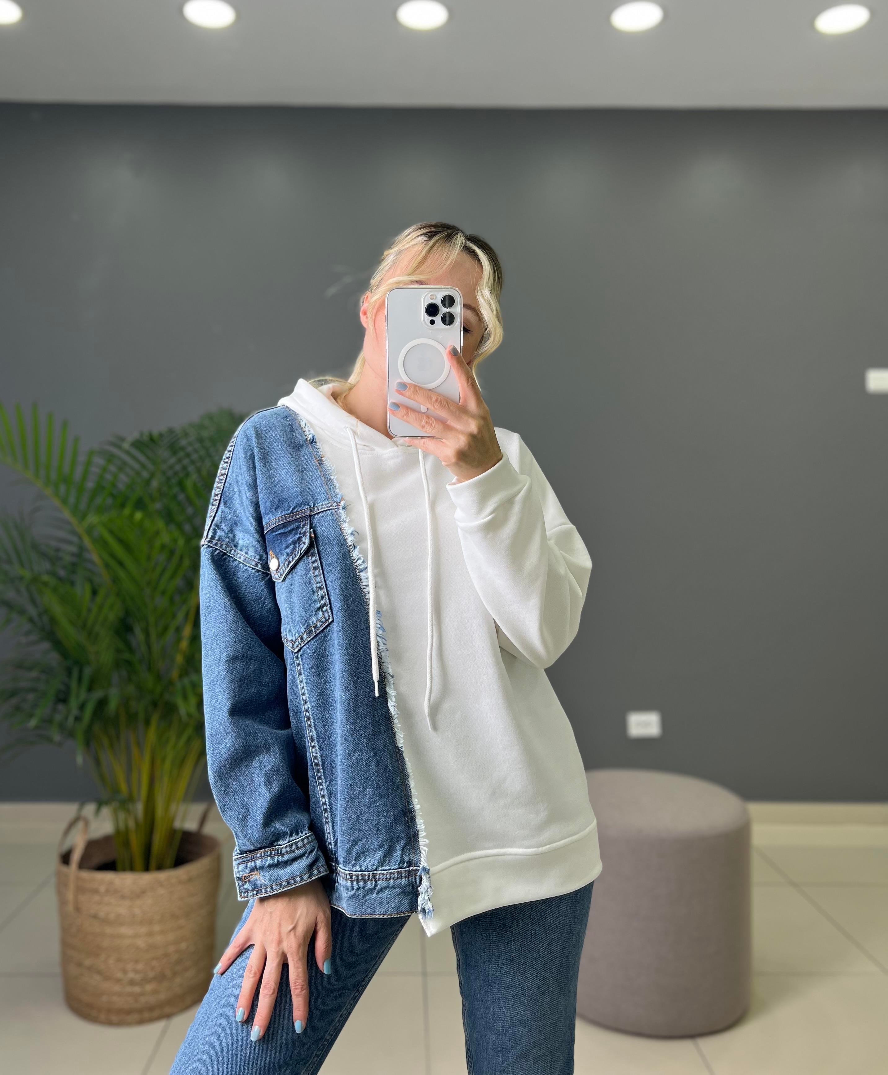 Denim Detaylı Tasarım Beyaz Sweatshırt