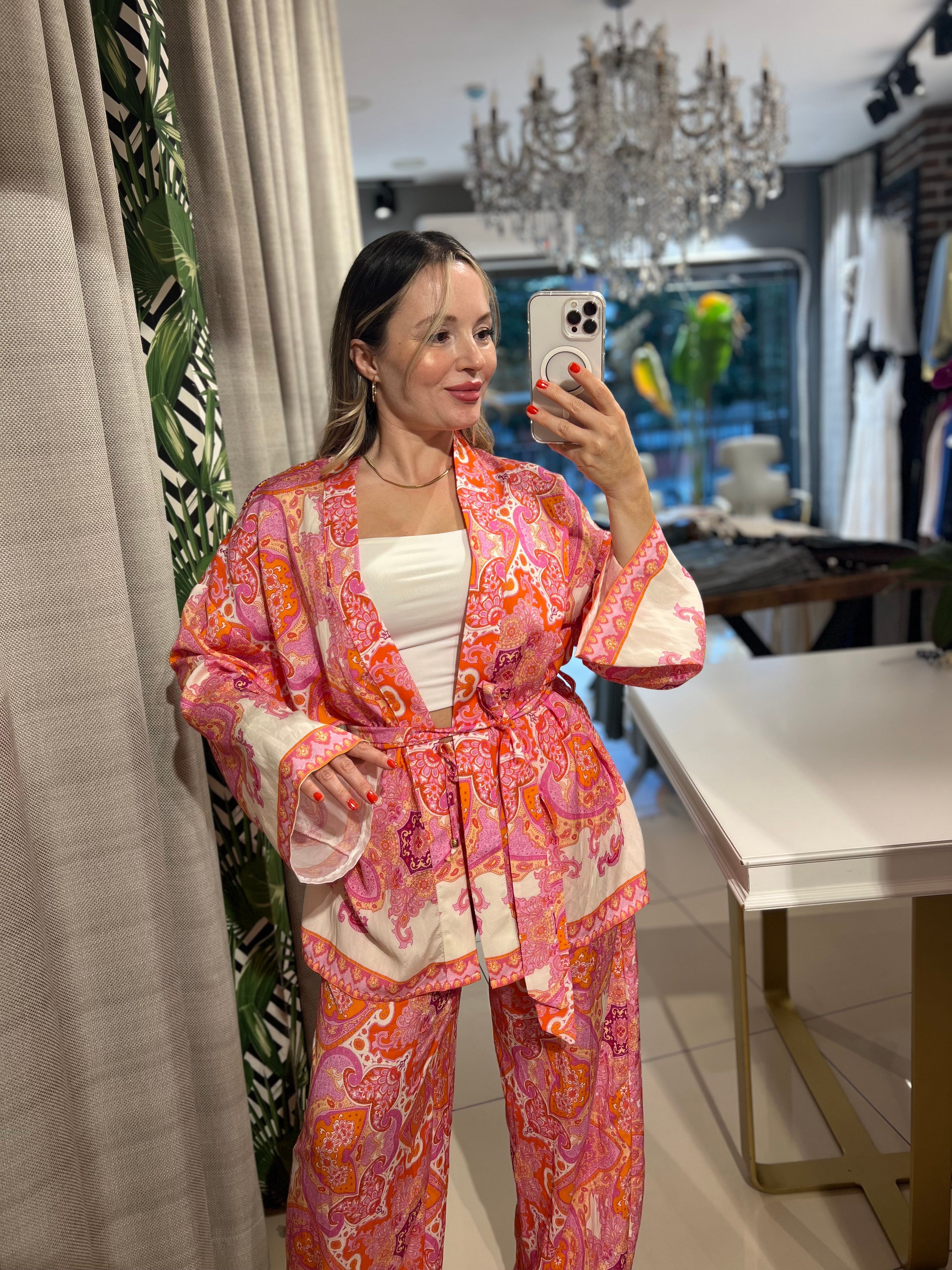 Etnik Desenli Kuşaklı Kimono Takım