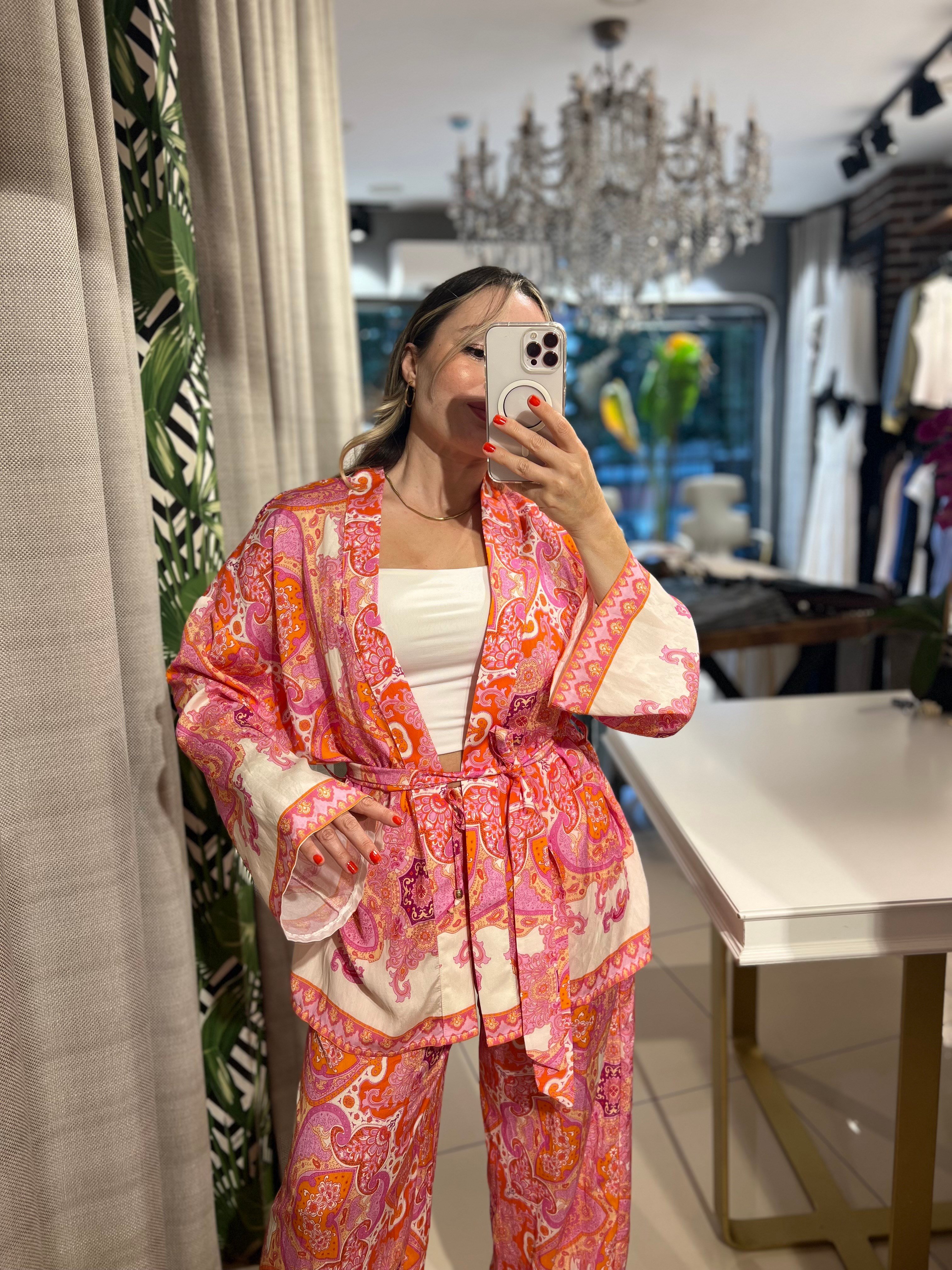 Etnik Desenli Kuşaklı Kimono Takım