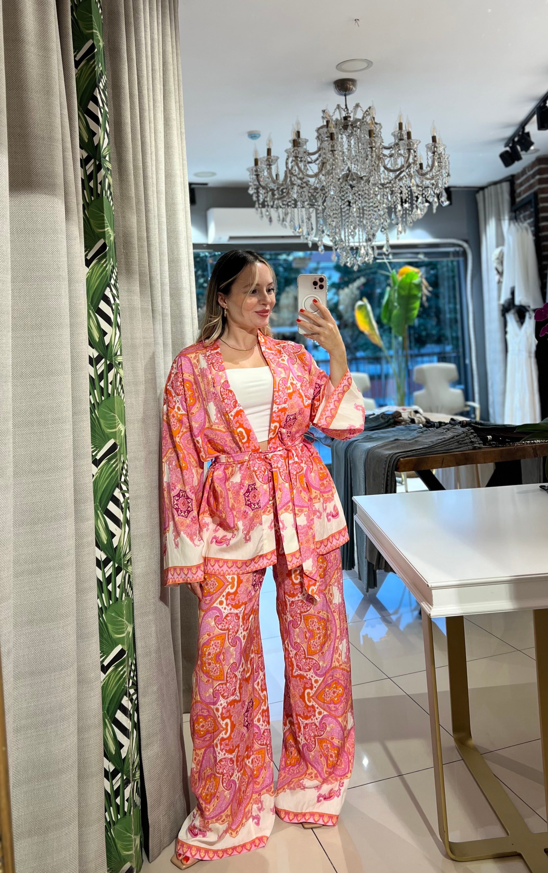 Etnik Desenli Kuşaklı Kimono Takım