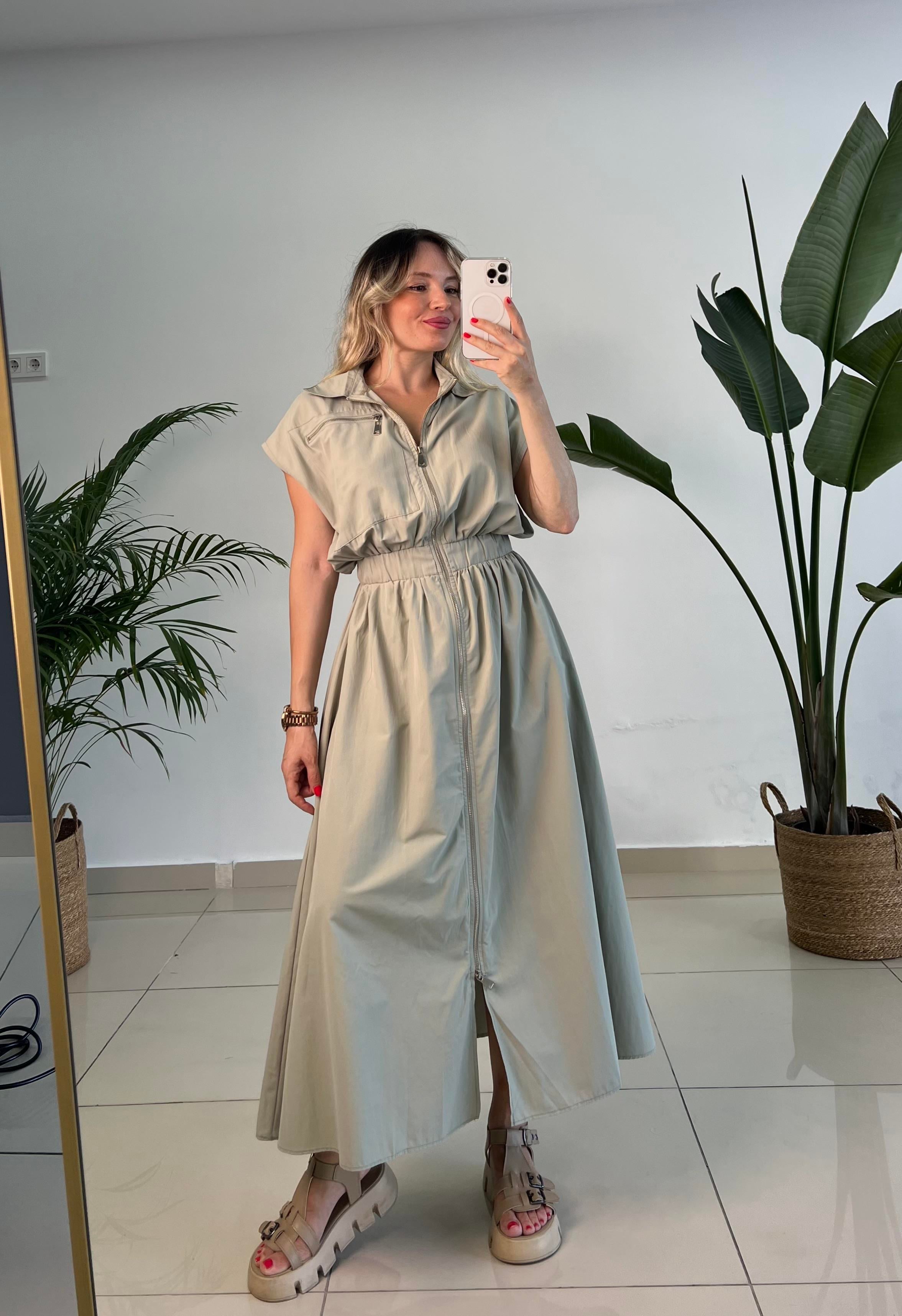 Fermuarlı Poplin Olive Yeşili Elbise