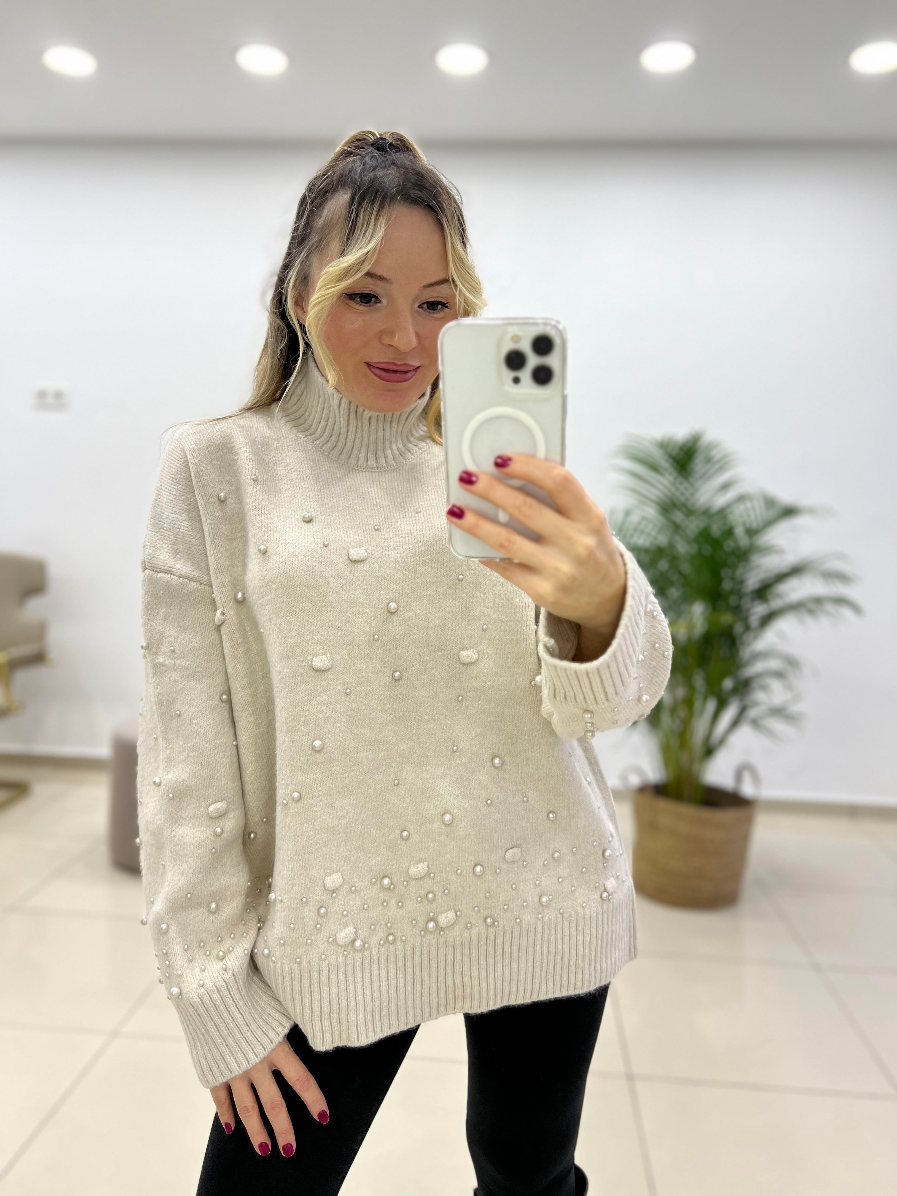 İncili Yarım Balıkçı Triko Kazak