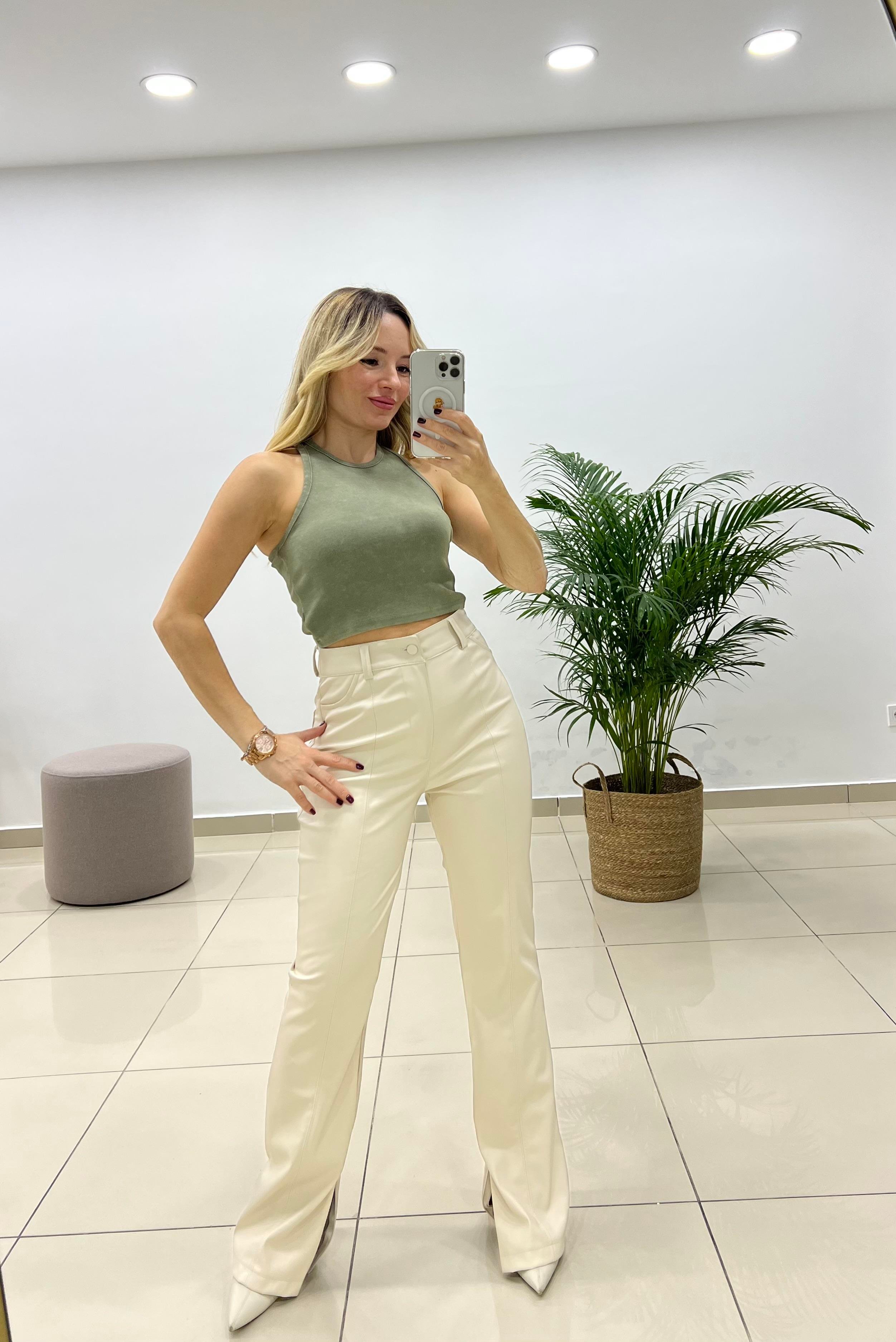 İspanyol Paça Bej Deri Pantolon