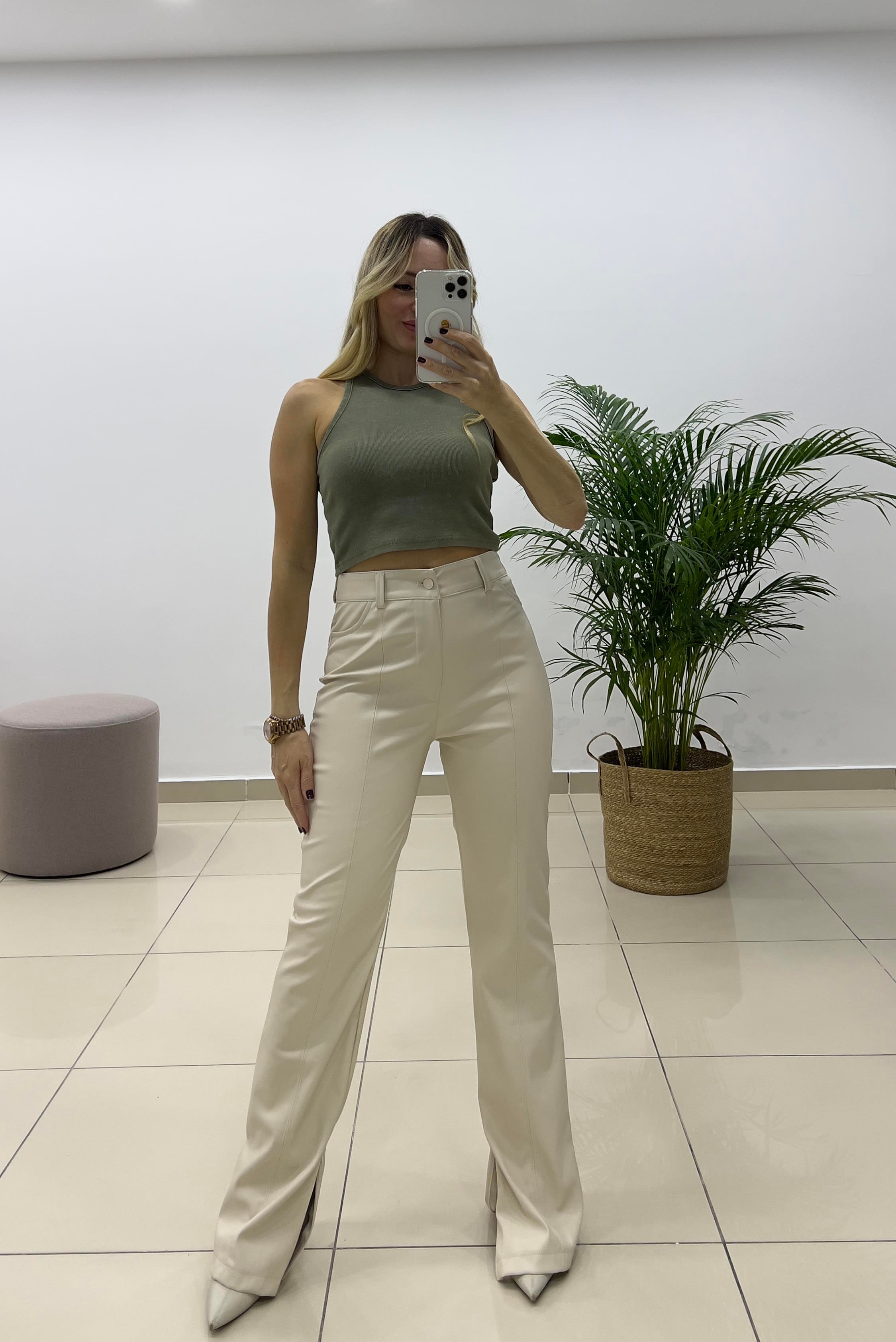 İspanyol Paça Bej Deri Pantolon