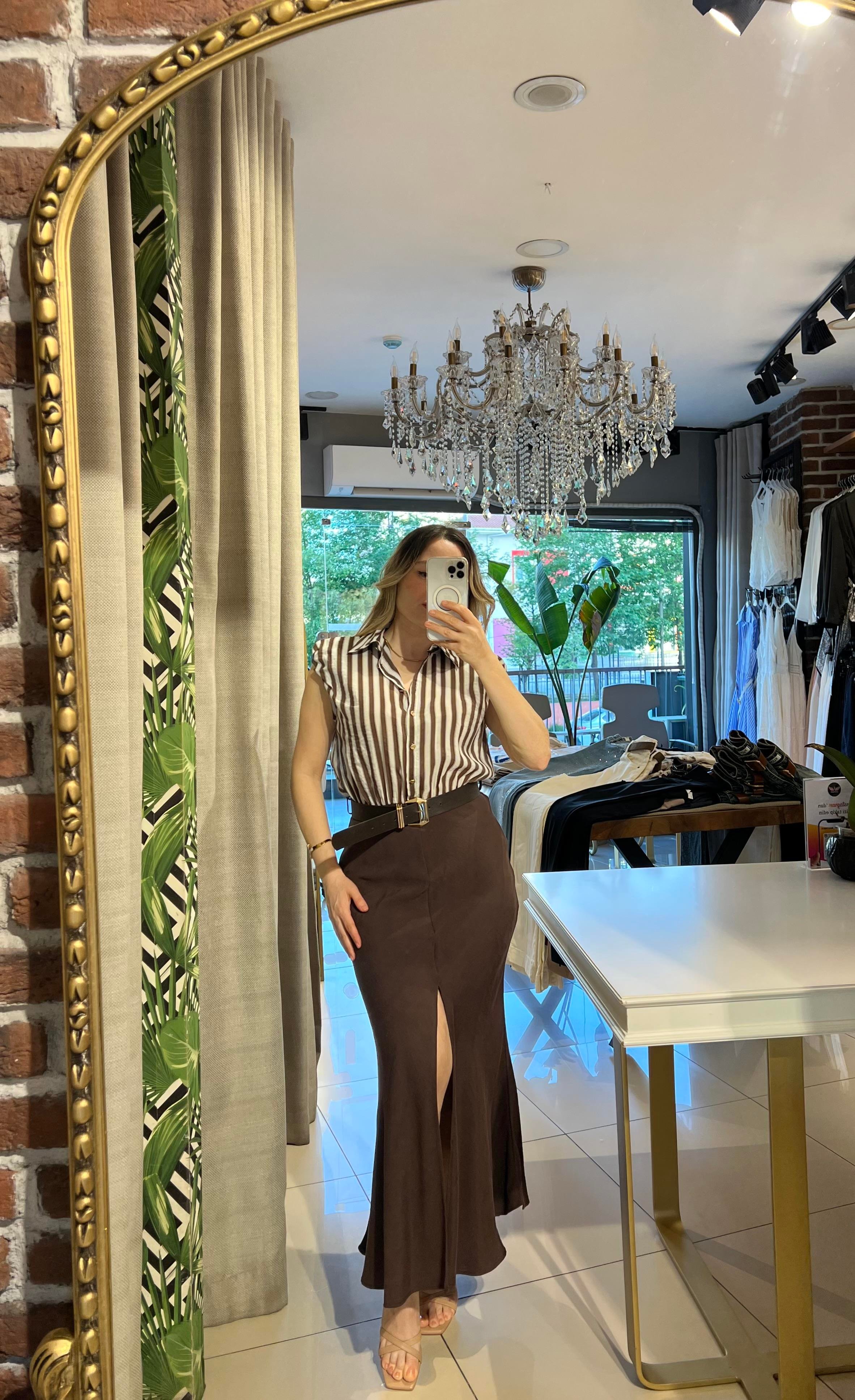 Kemerli Çizgili Kombine Midi Kahverengi Elbise