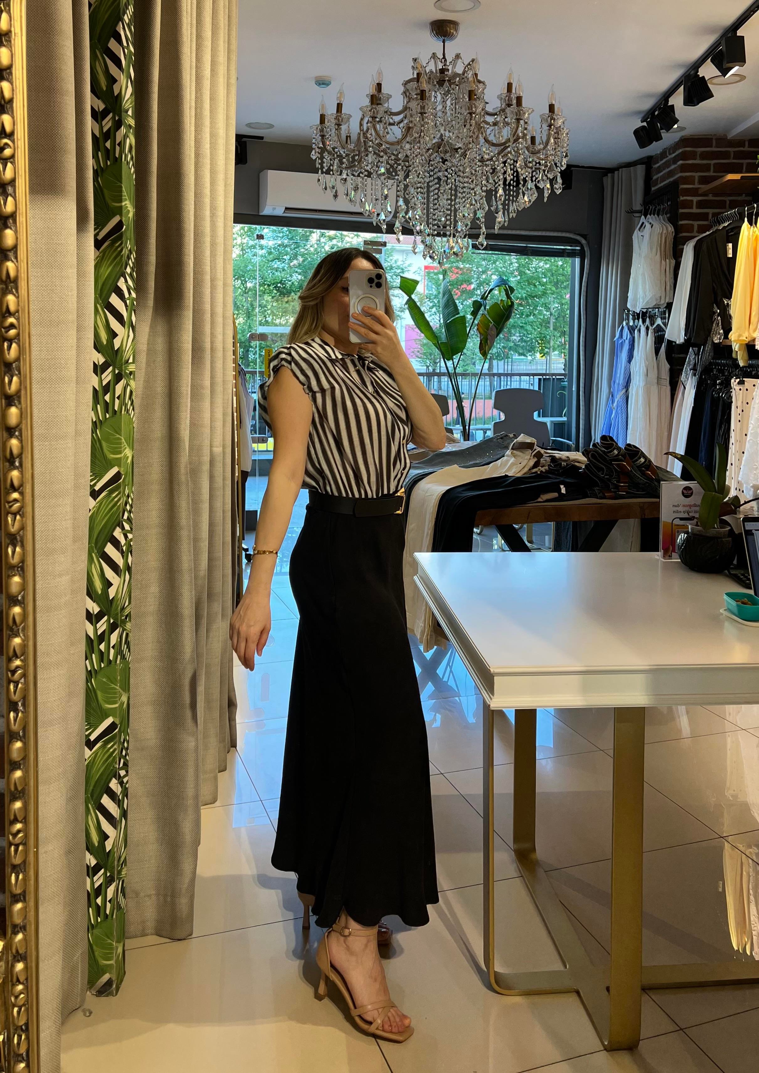 Kemerli Çizgili Kombine Midi Siyah Elbise