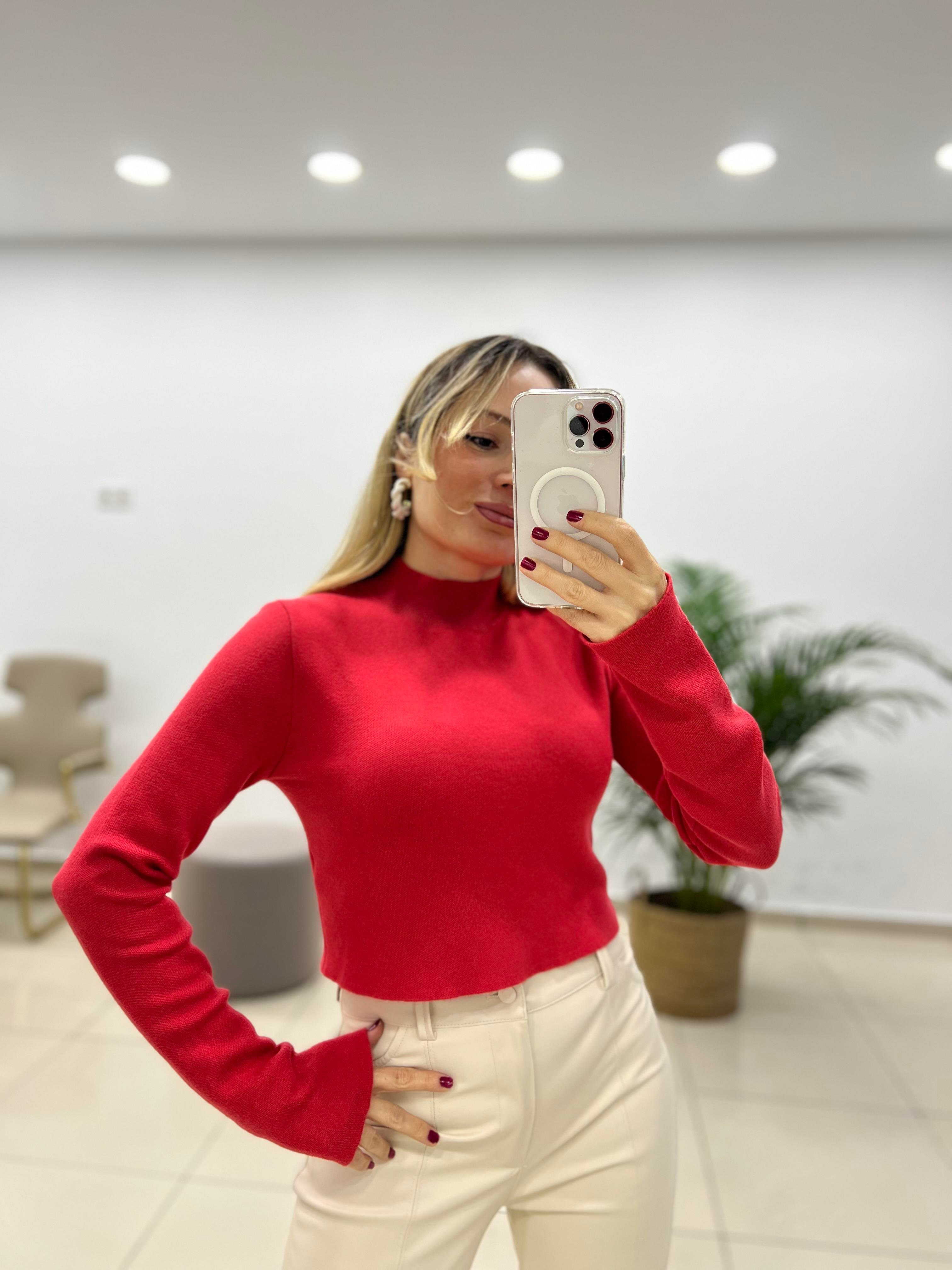 Kırmızı Yarım Balıkçı Yaka Crop Kazak