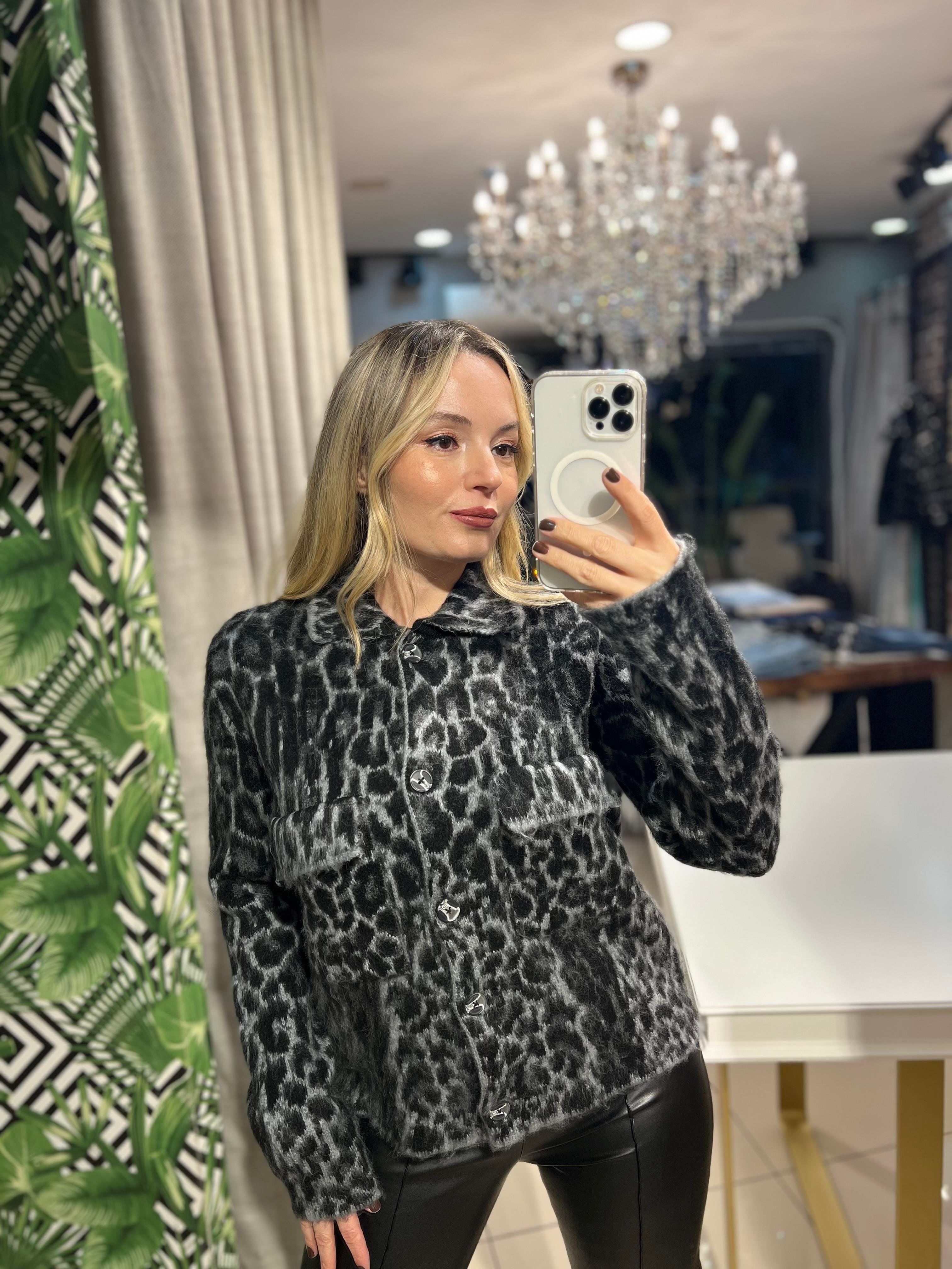 Leopar Desen Jakarlı Hırka