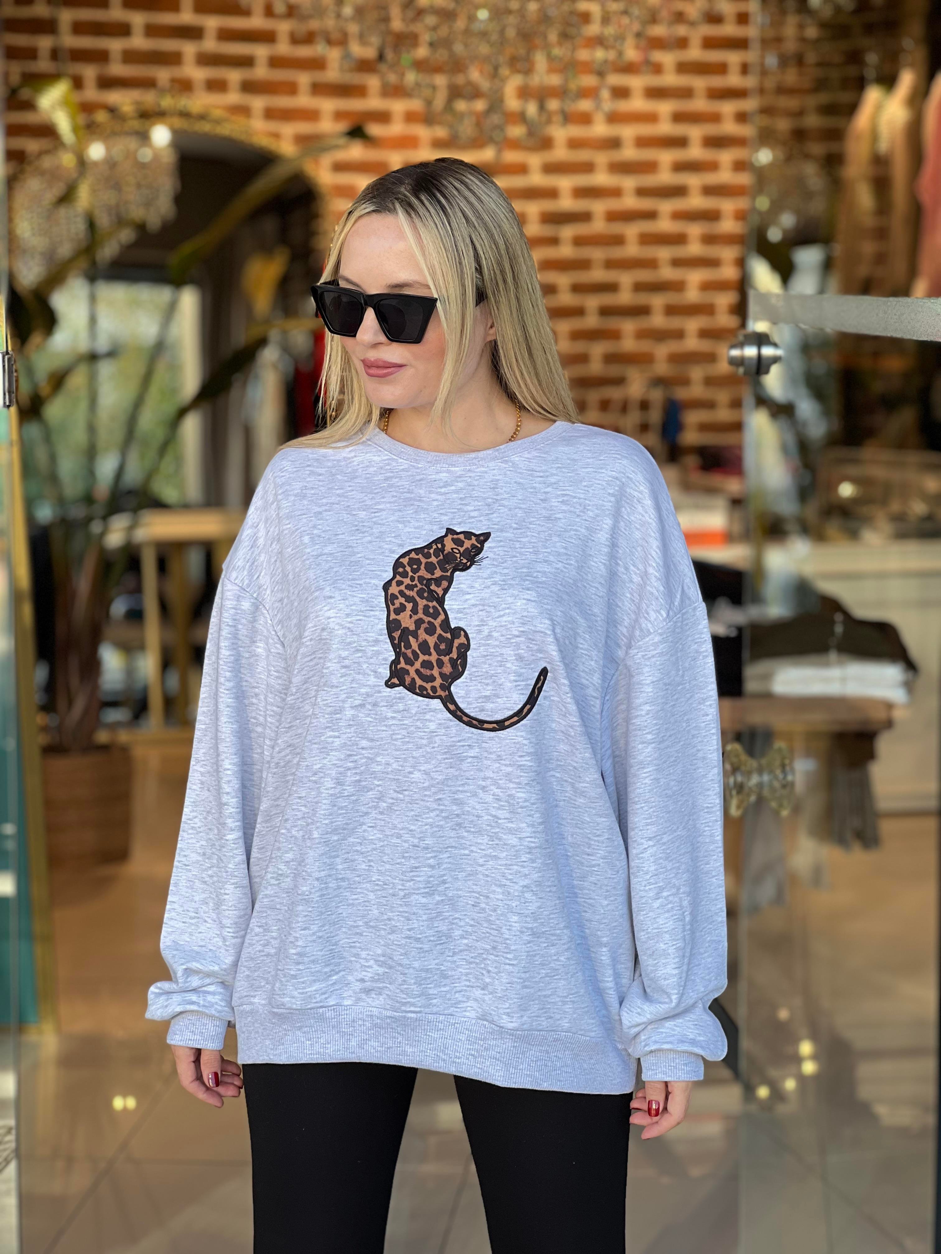 Leopar Nakışlı Gri Sweatshirt