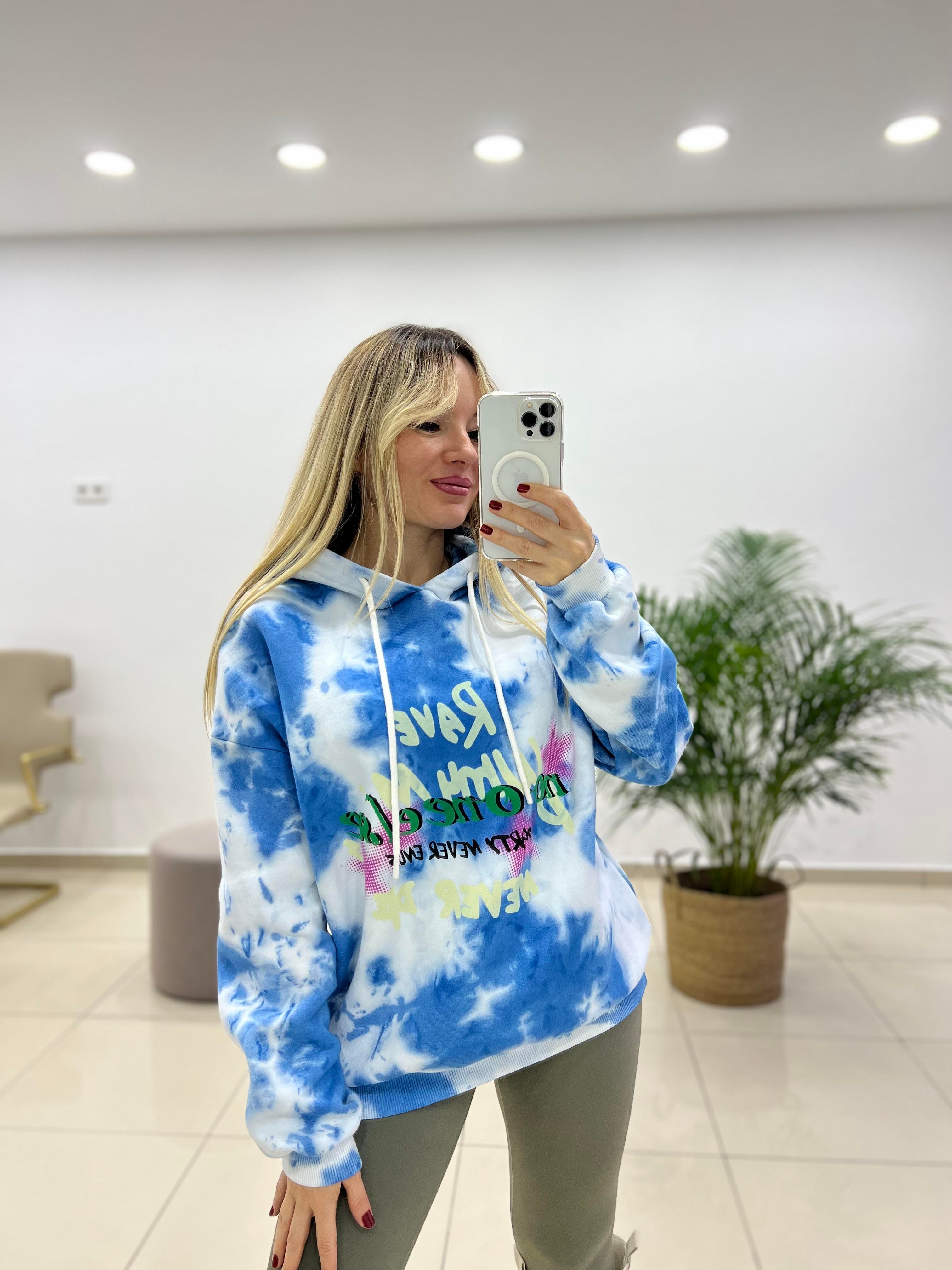 Mavi Batik Desenli Kapüşonlu Sweatshırt 