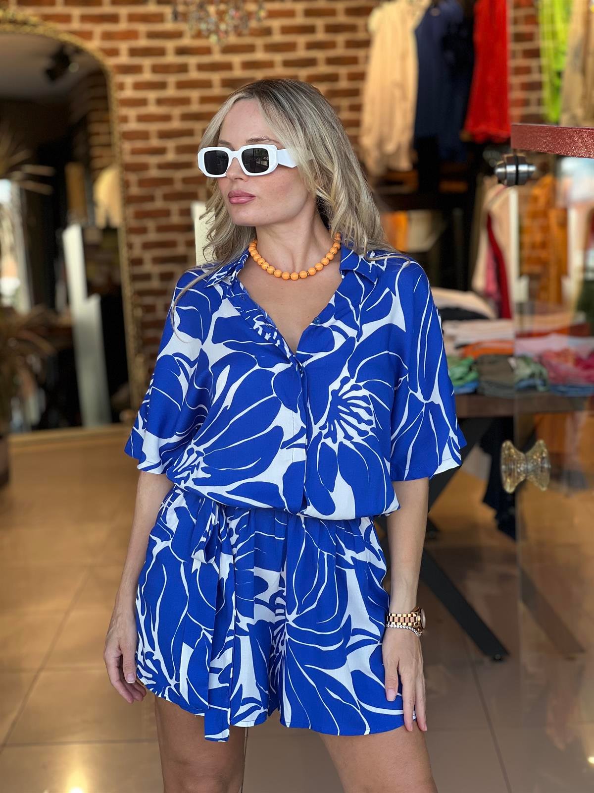 Mavi Desenli Şortlu Tulum