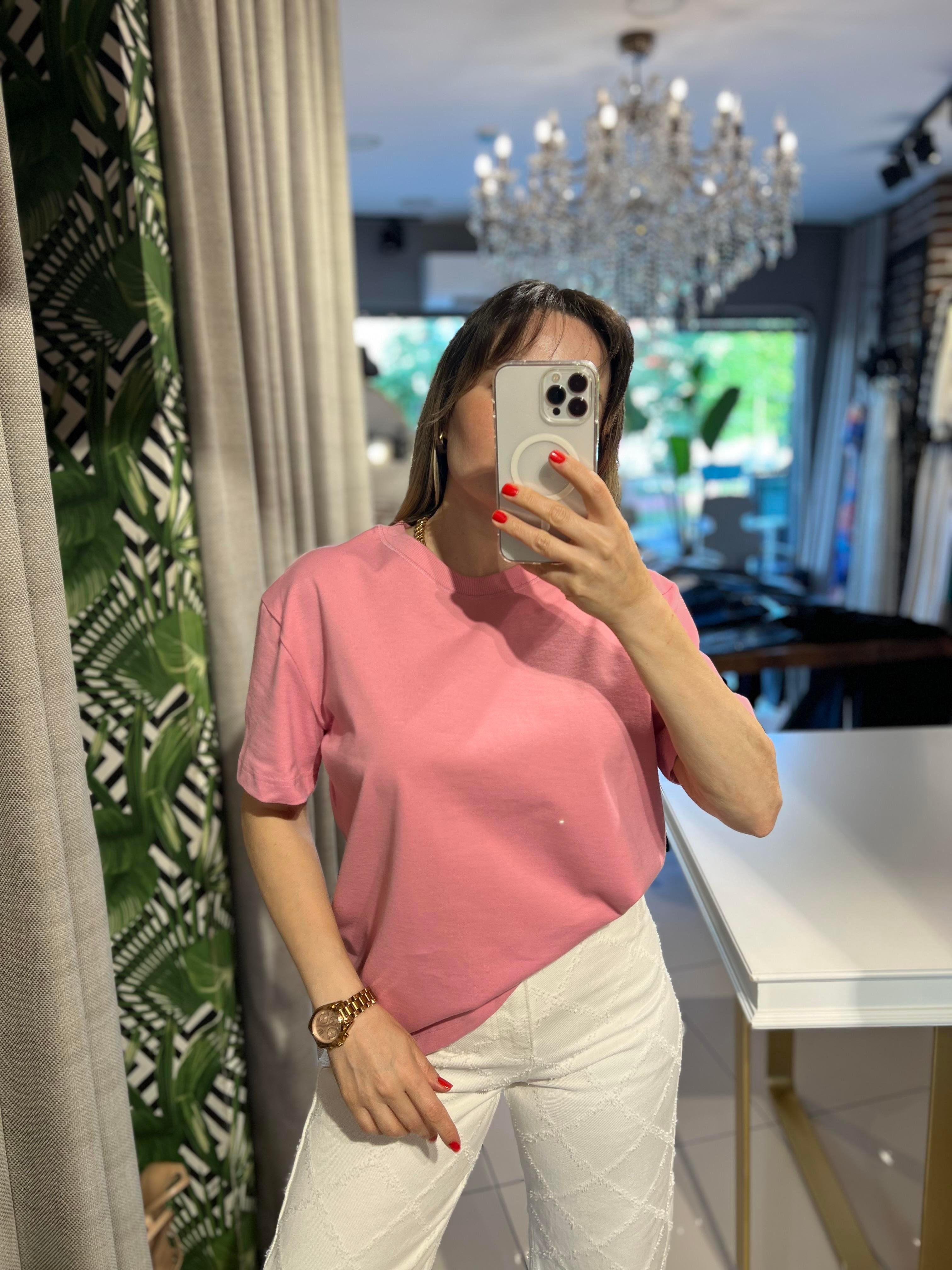 Pembe Bisiklet Yaka Cotton Pamuk Tişört