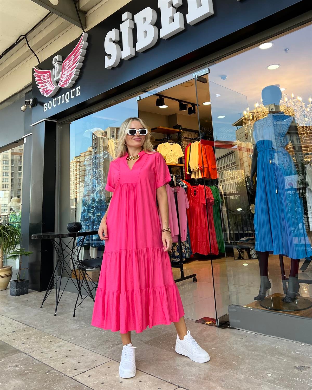 Pembe Krinkıl İpek Keten Elbise 
