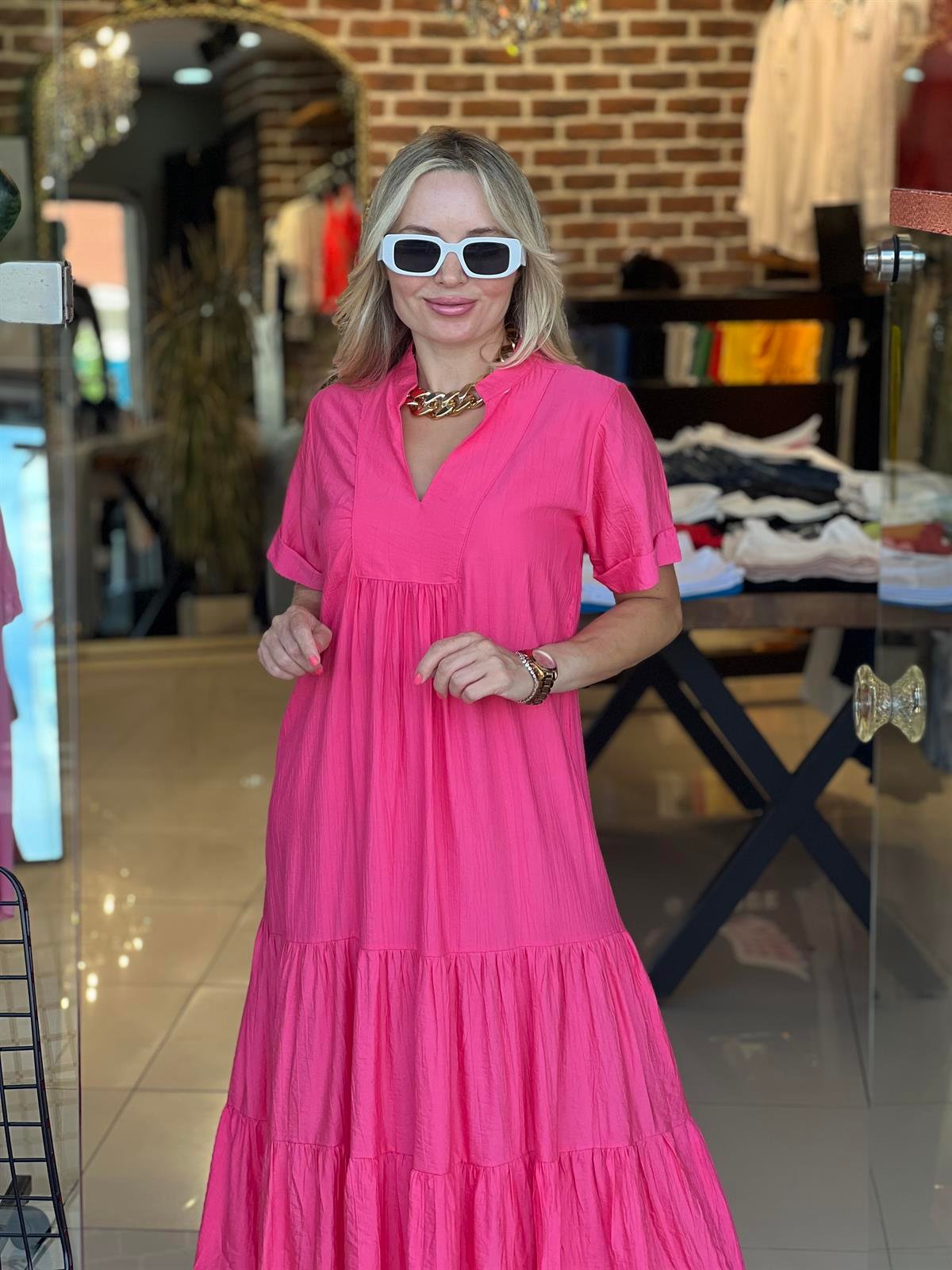 Pembe Krinkıl İpek Keten Elbise 
