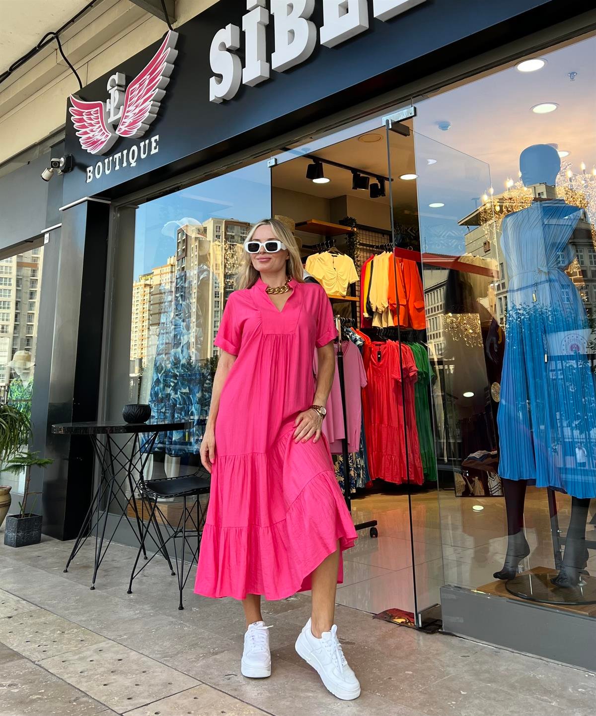 Pembe Krinkıl İpek Keten Elbise 