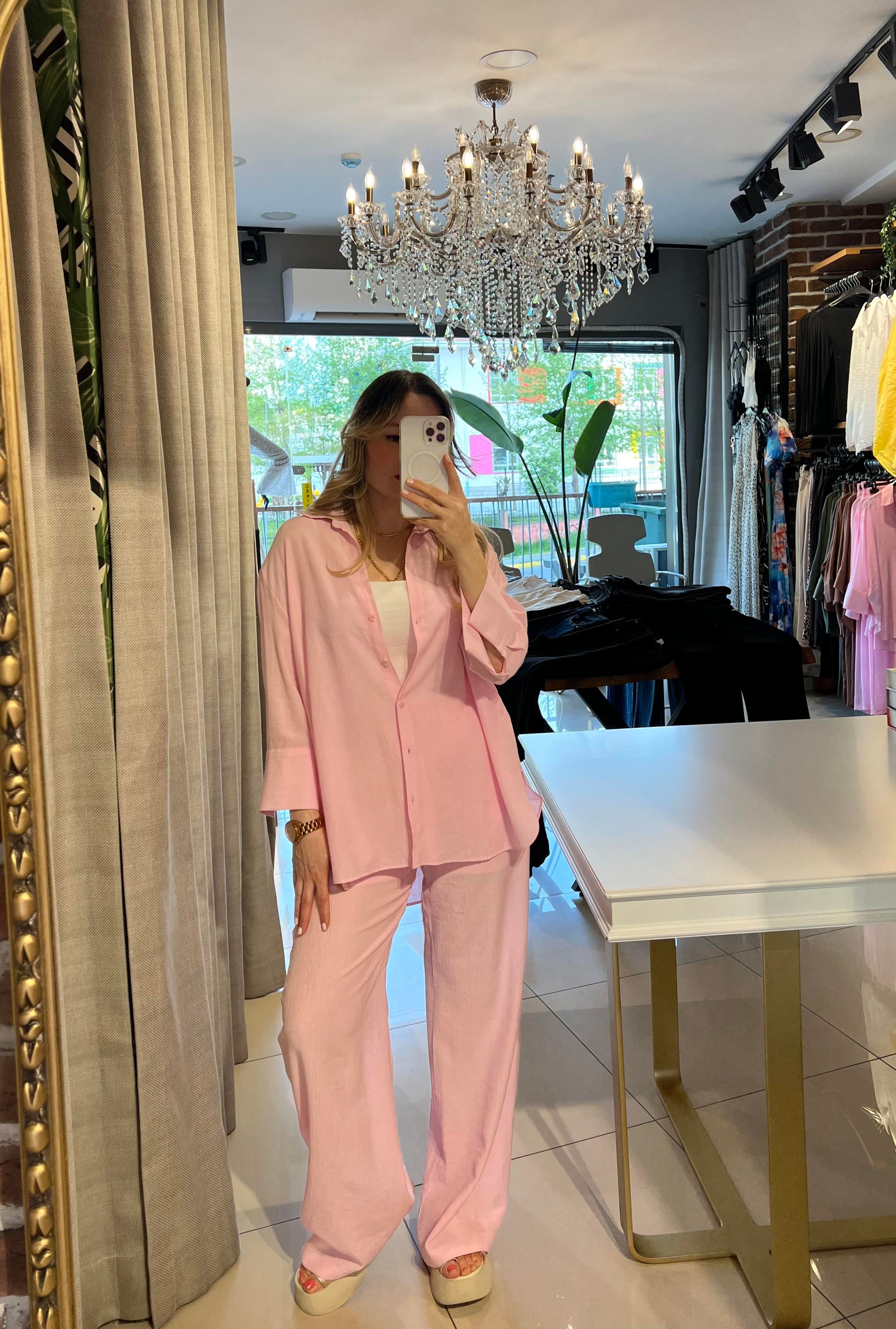 Pembe Mevsimlik Salaş Gömlek-Pantolon Takım
