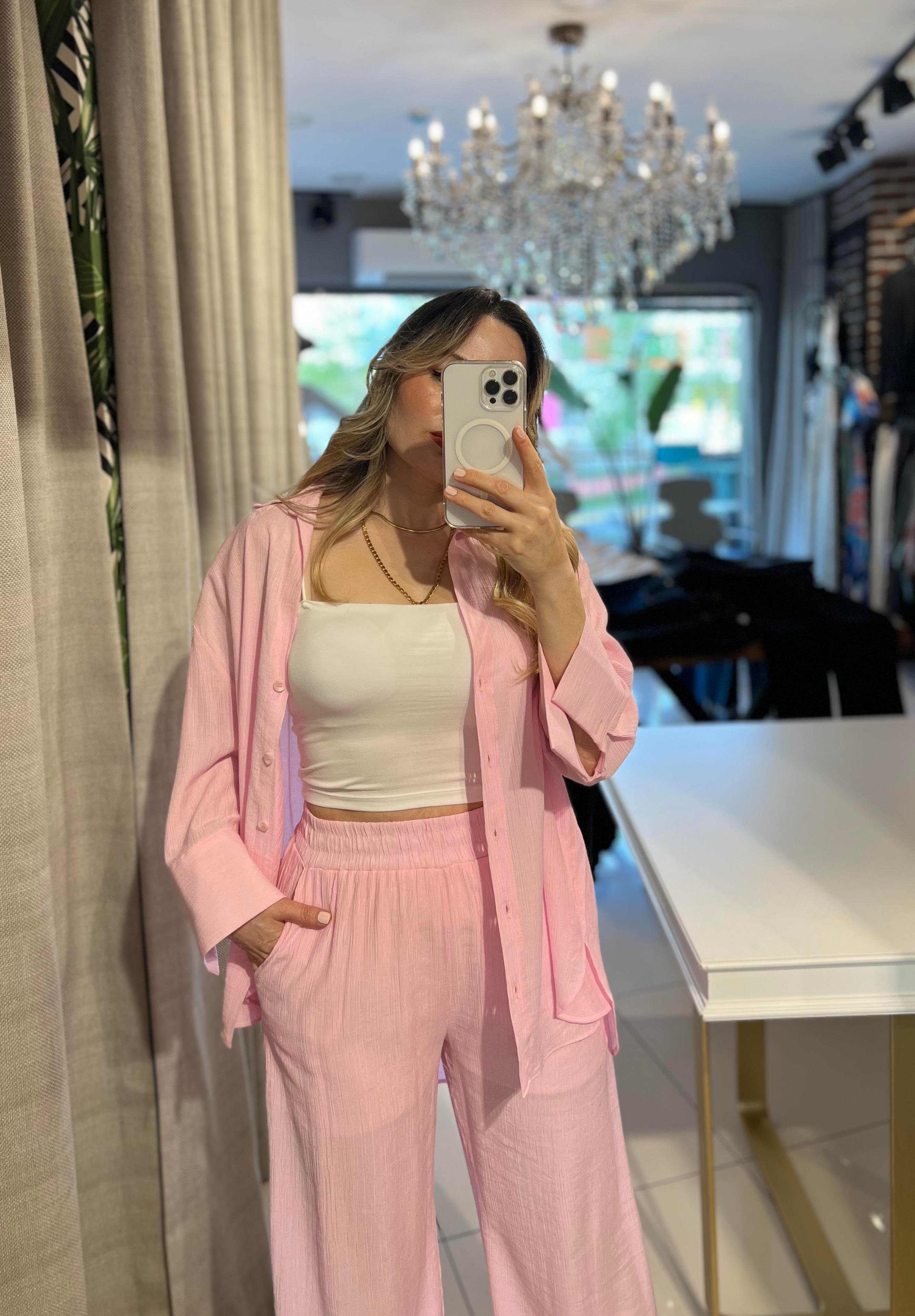 Pembe Mevsimlik Salaş Gömlek-Pantolon Takım