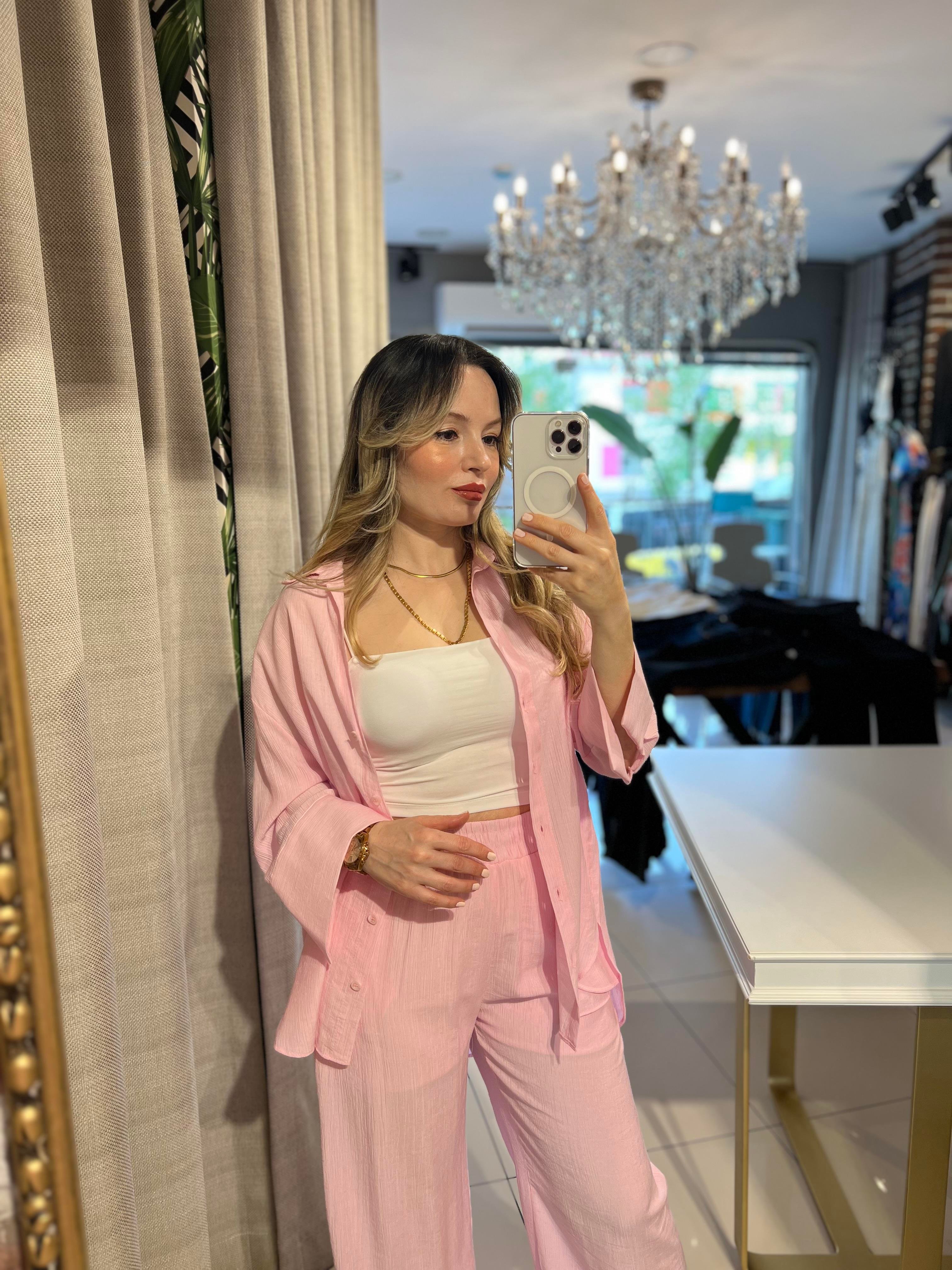Pembe Mevsimlik Salaş Gömlek-Pantolon Takım