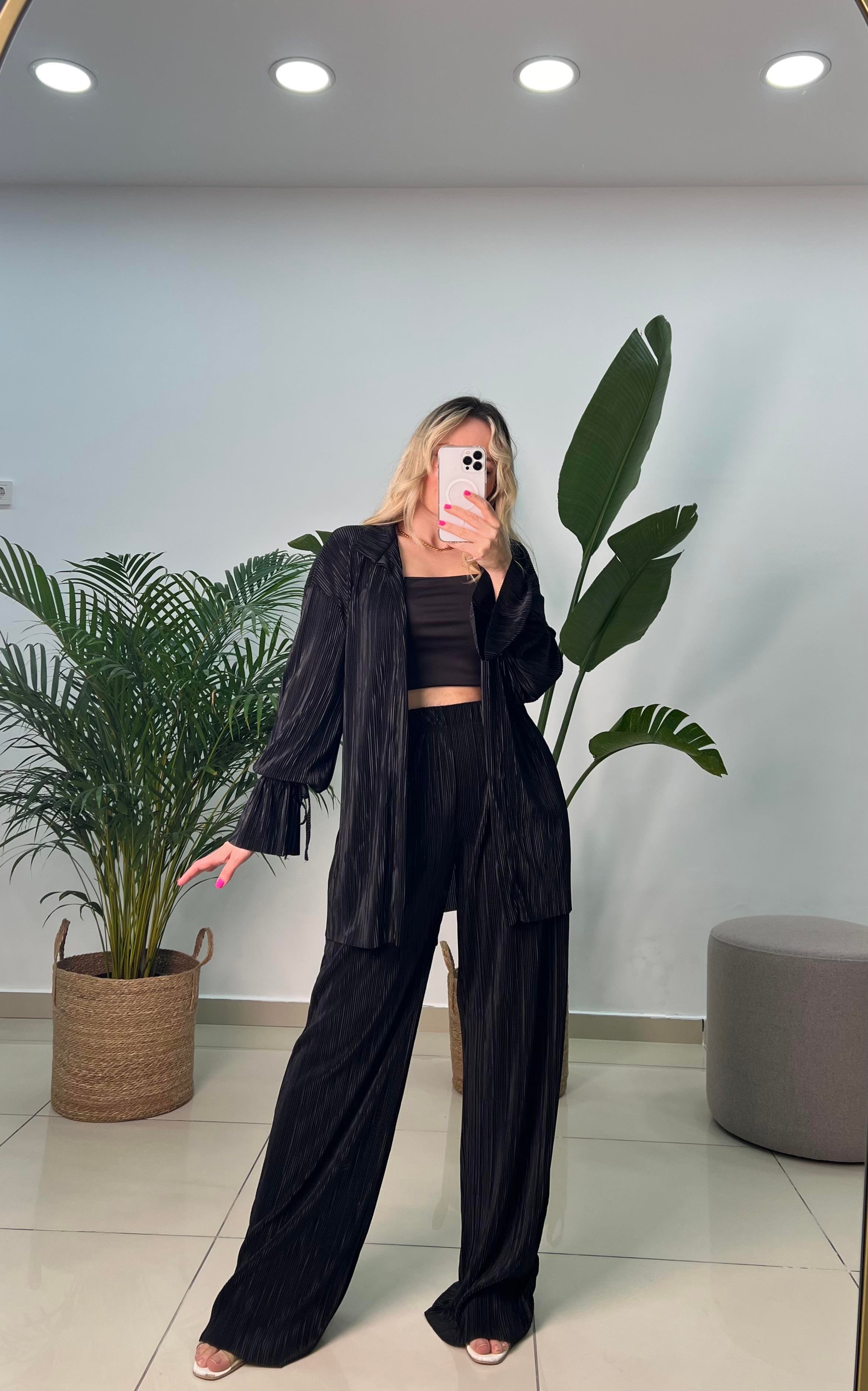 Piliseli Kimono Siyah Takım