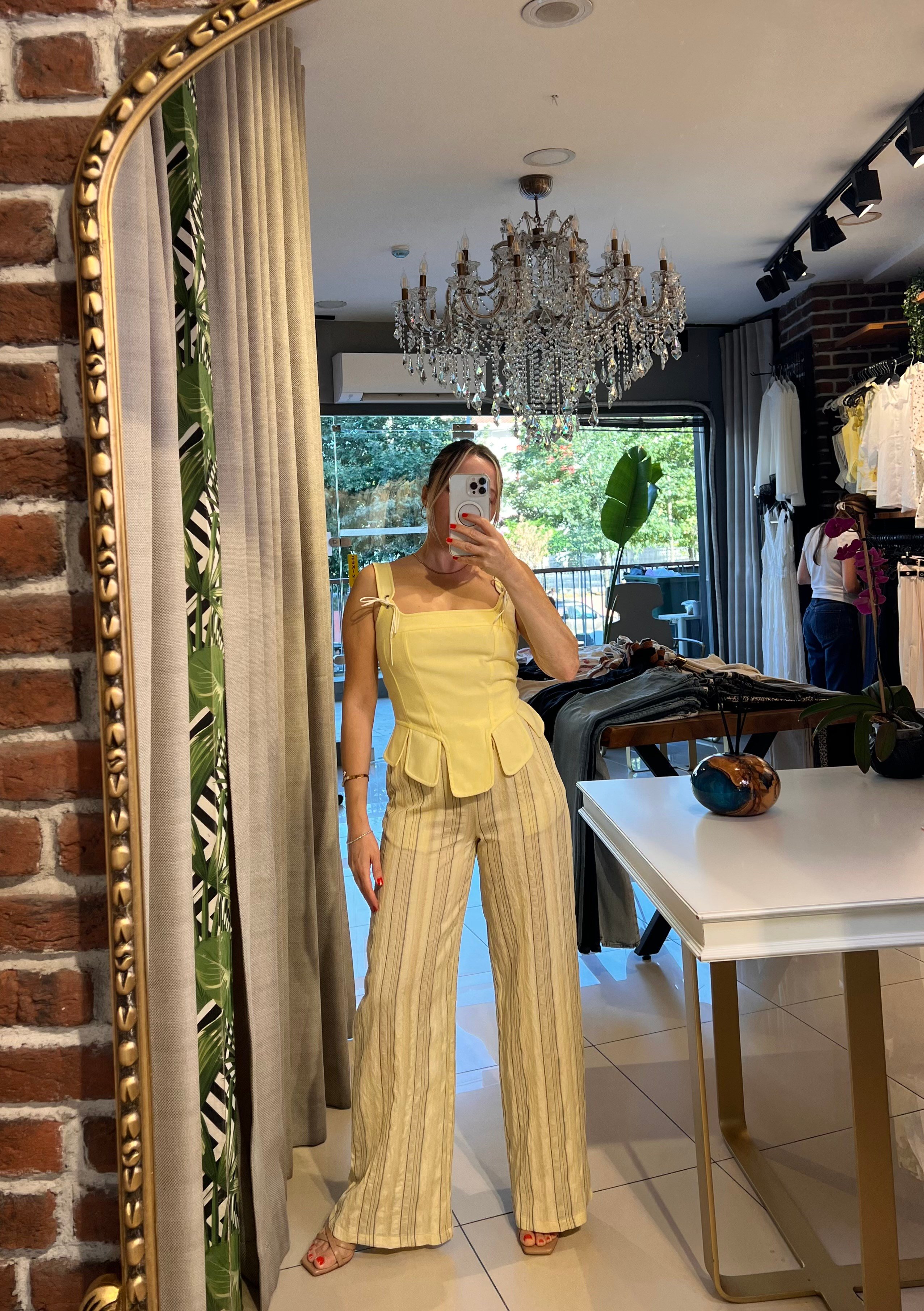 Sarı Çizgili İpek Keten Pantalon