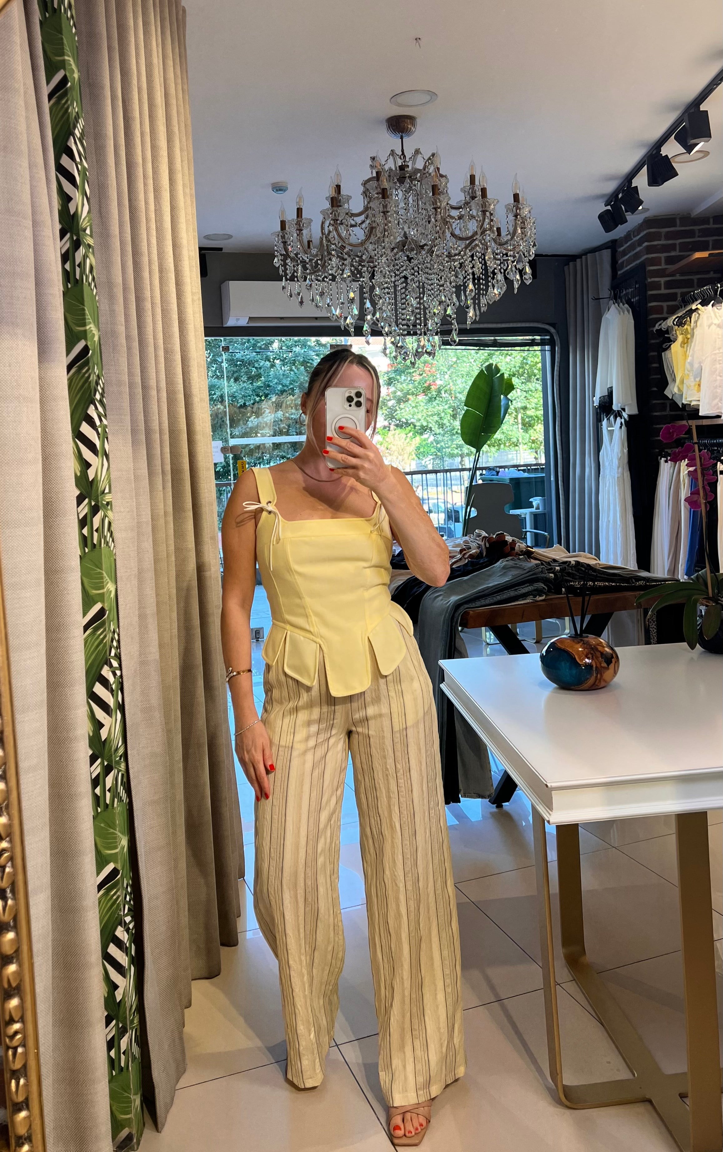 Sarı Çizgili İpek Keten Pantalon