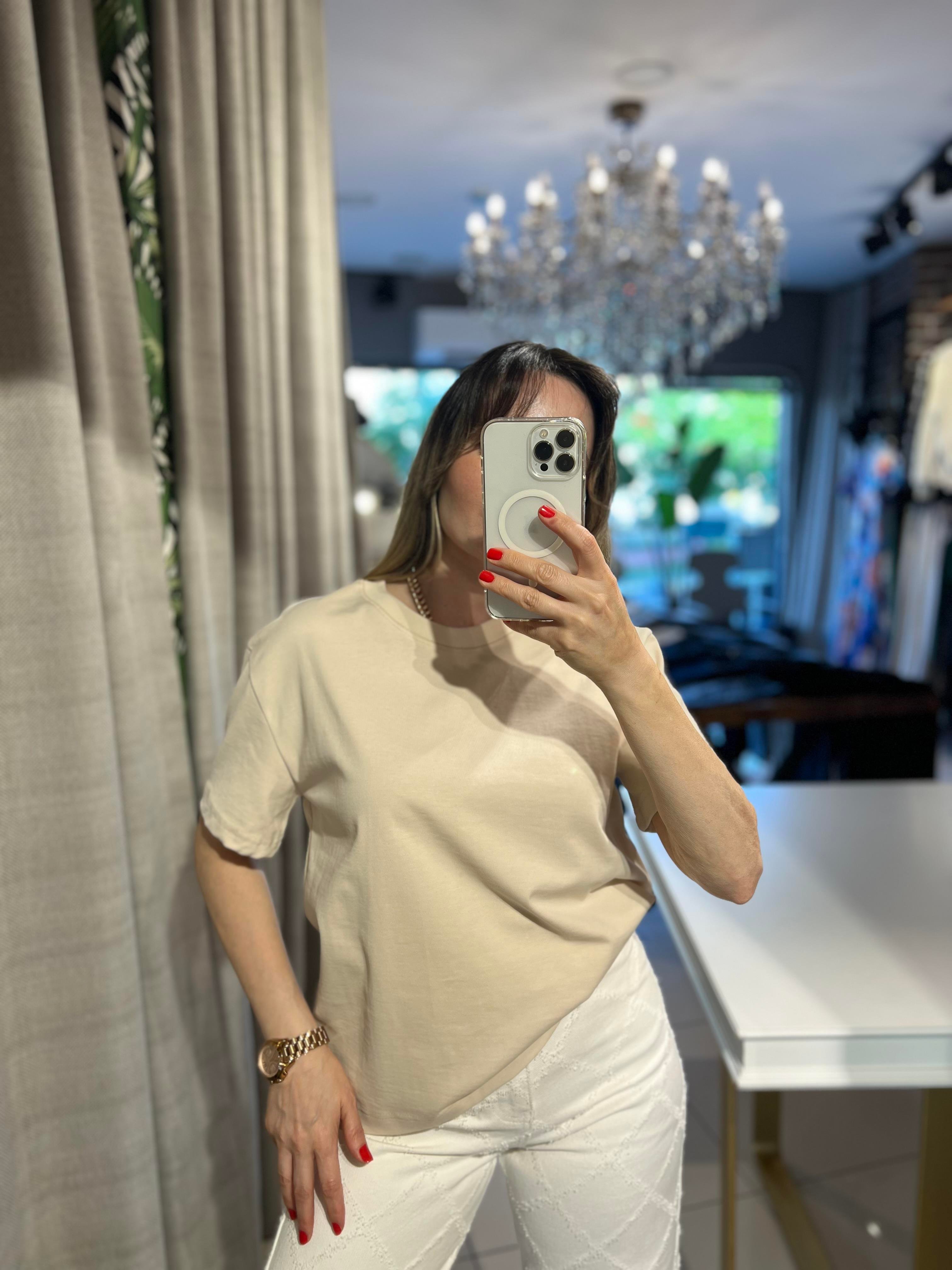 Taş Rengi Bisiklet Yaka Cotton Pamuk Tişört