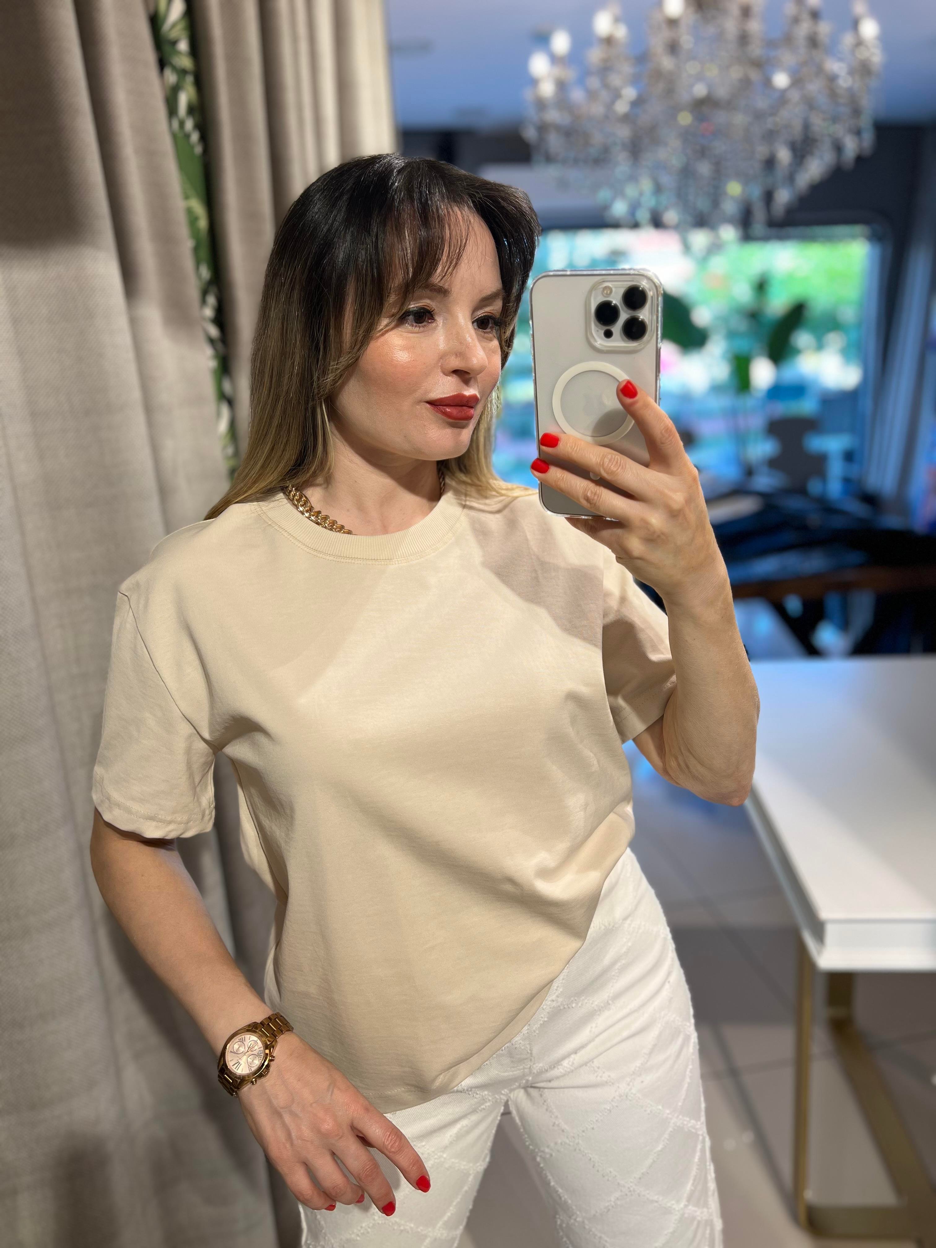 Taş Rengi Bisiklet Yaka Cotton Pamuk Tişört
