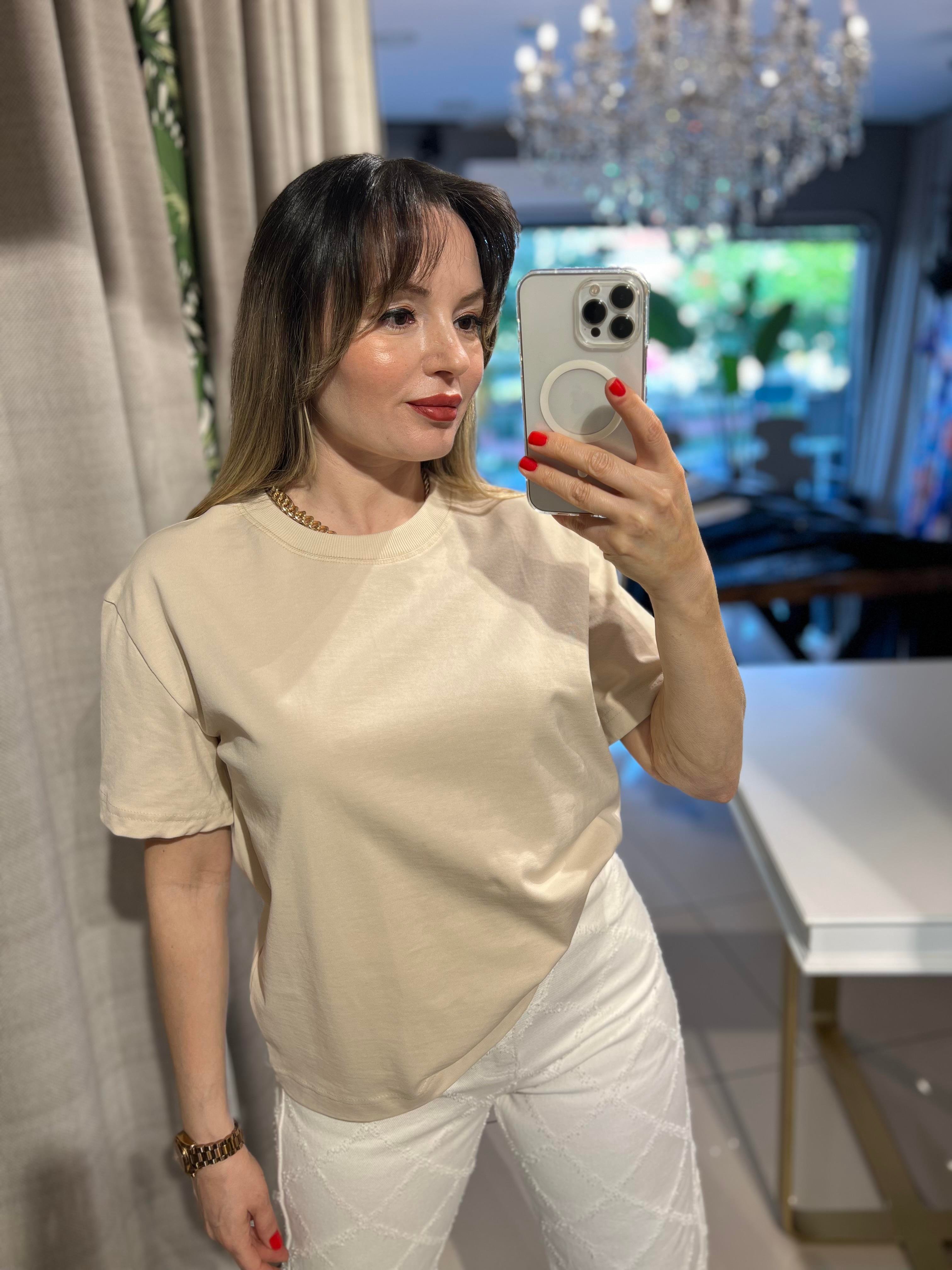 Taş Rengi Bisiklet Yaka Cotton Pamuk Tişört