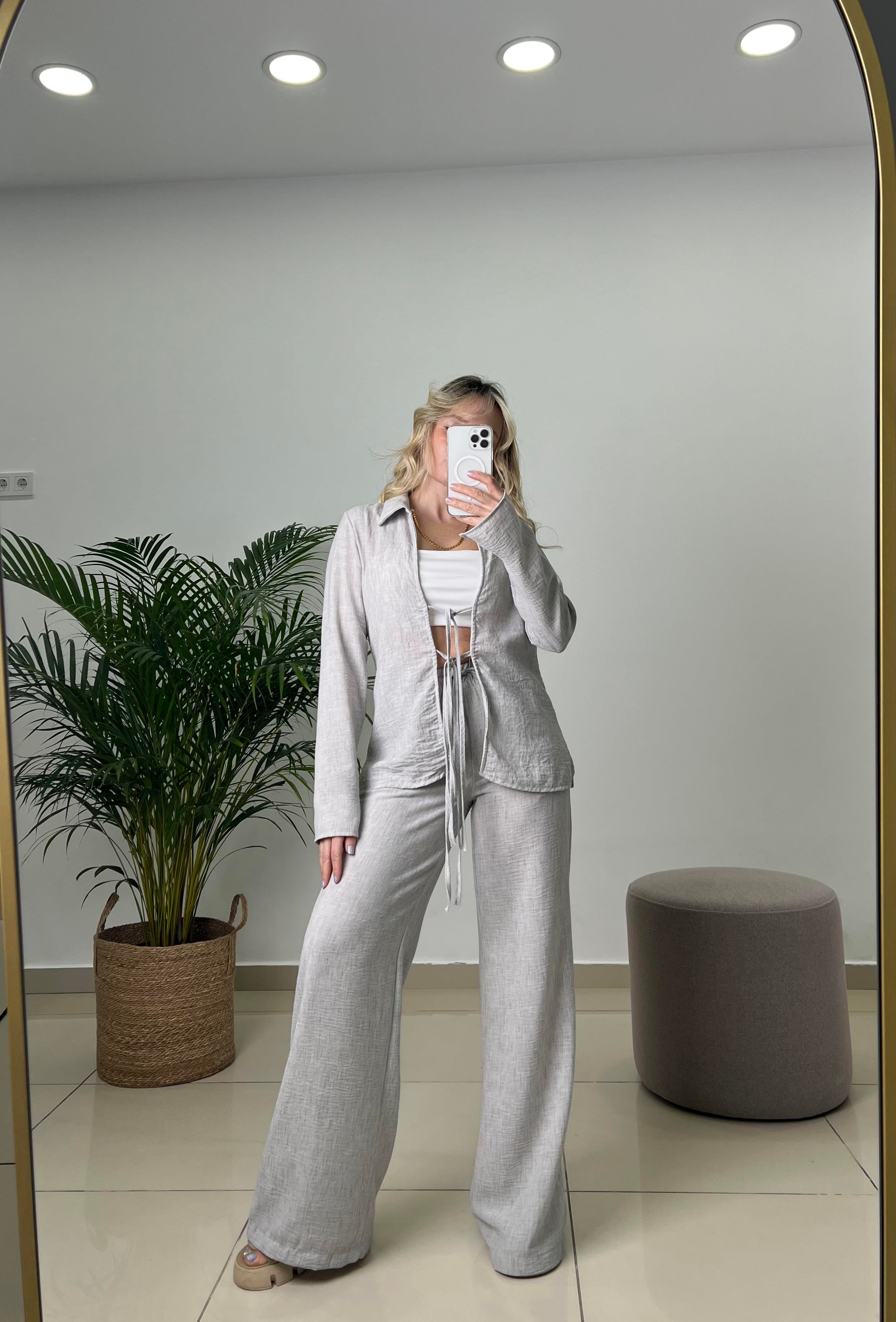 Tilda Bağlamalı Bluz Pantolon Gri Keten Takım 