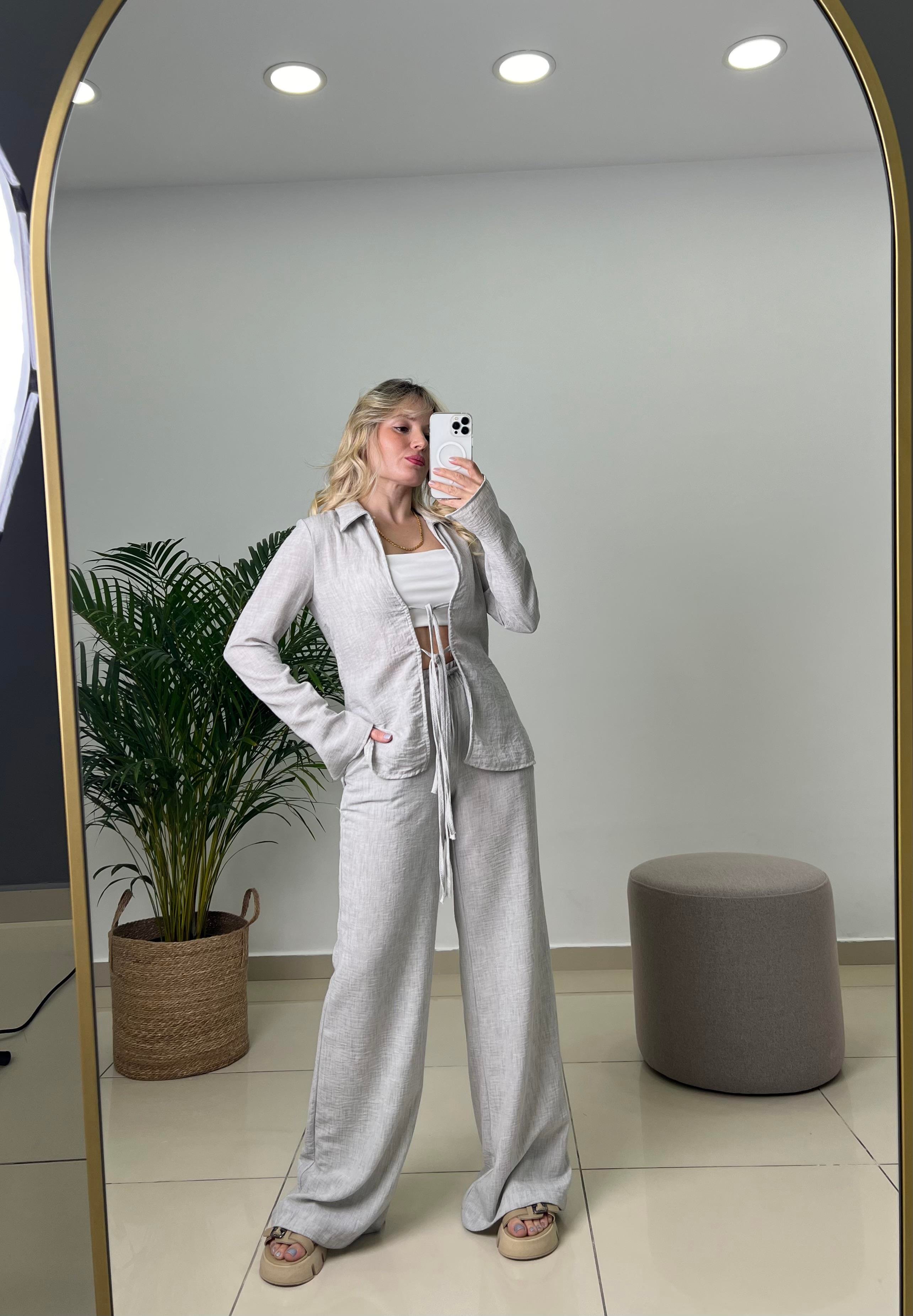 Tilda Bağlamalı Bluz Pantolon Gri Keten Takım 