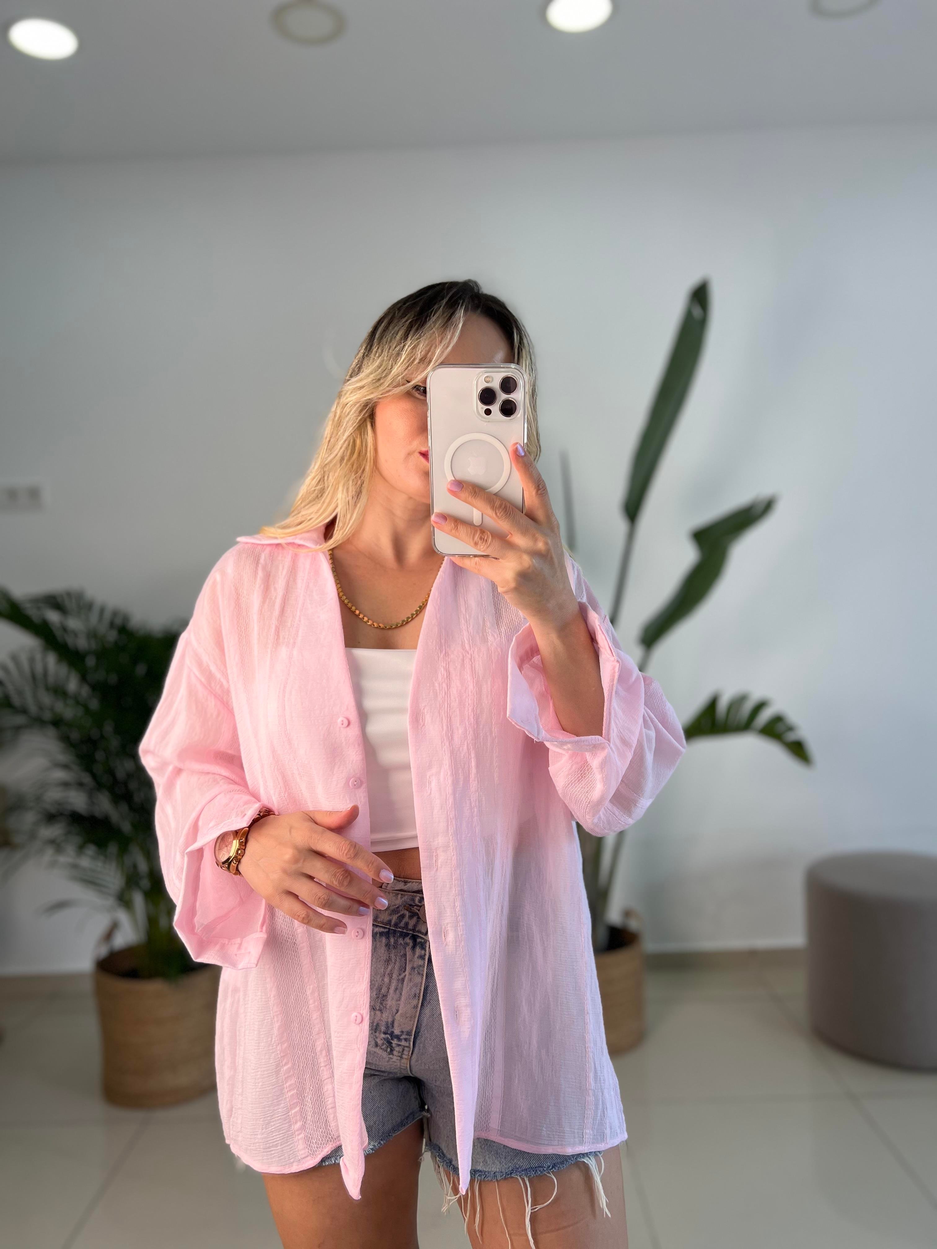 Transparan V Yaka Pembe Gömlek