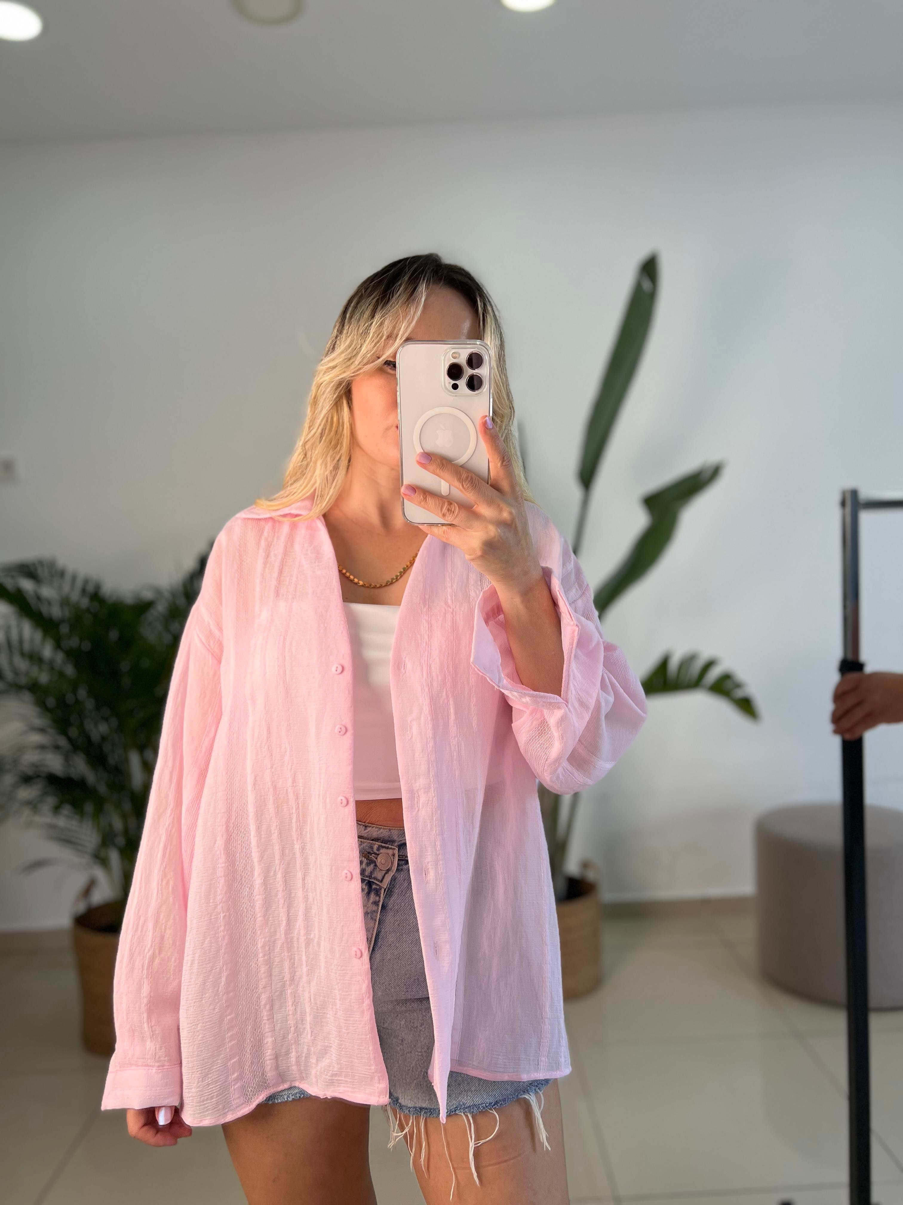 Transparan V Yaka Pembe Gömlek