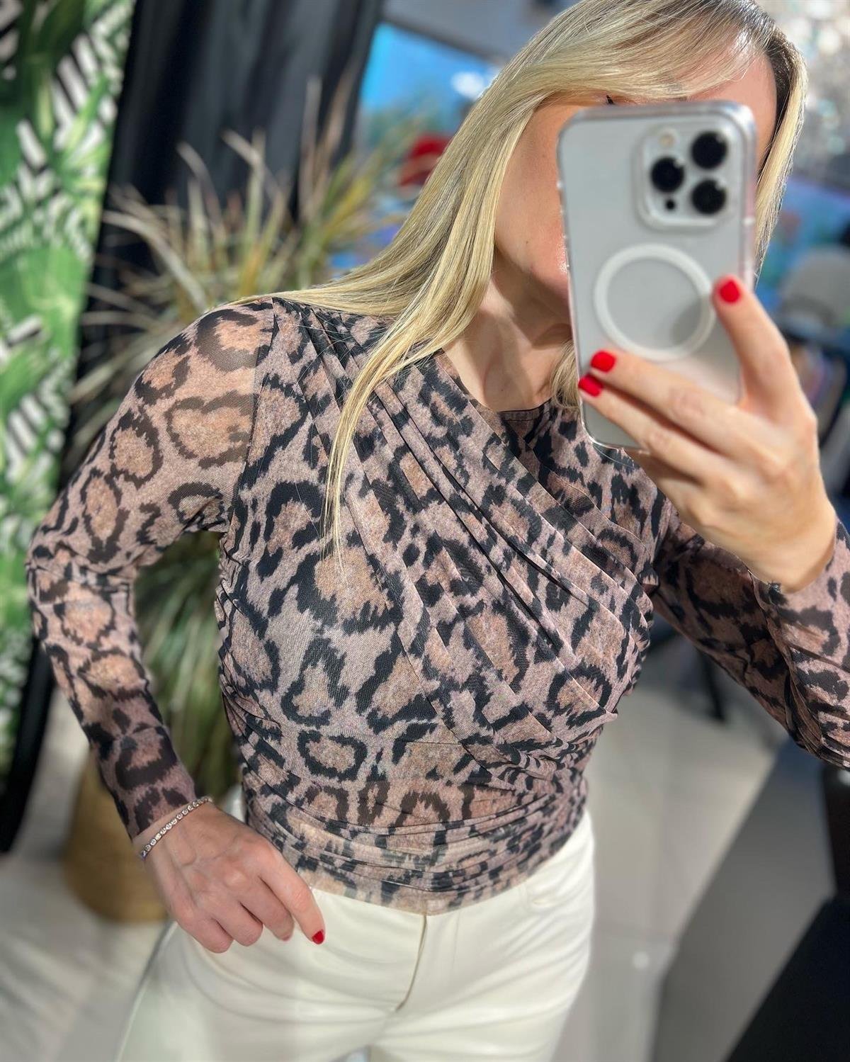 Tül Leopar Desenli Bluz